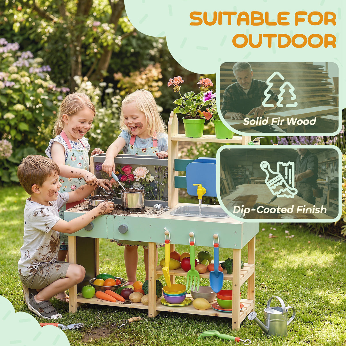 AIYAPLAY Mud Kitchen With Faucet, Kitchen Accessories, Garden Tools, Blue