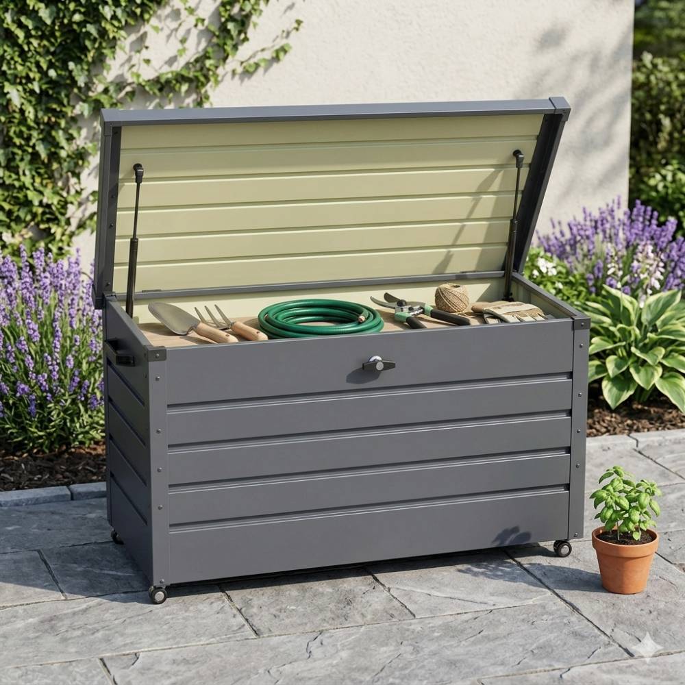350l Metal Outdoor Storage Box With Wheels – Lockable Weatherproof Garden Organizer