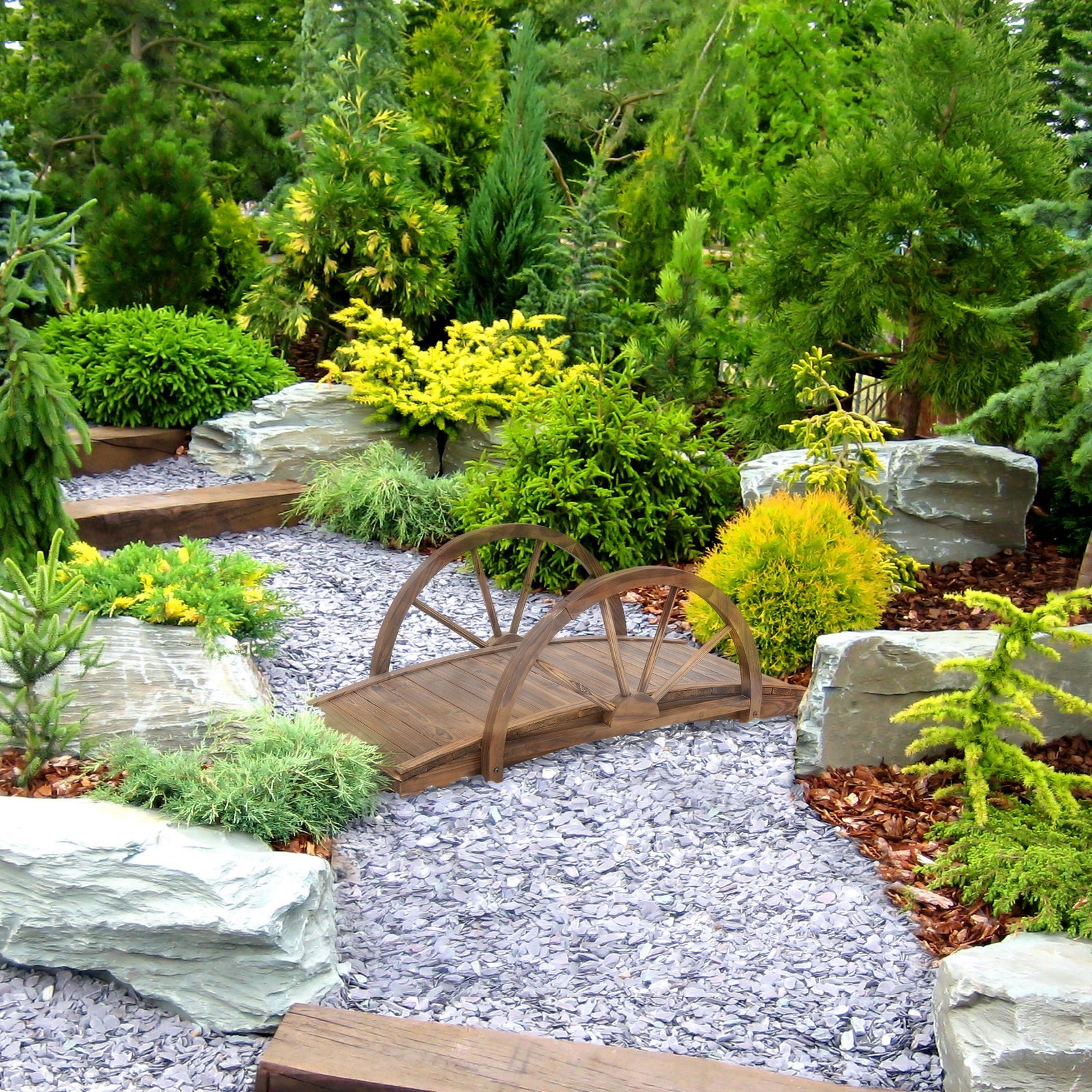 Wooden Garden Bridge With Railings, 100lx50wx37h Cm