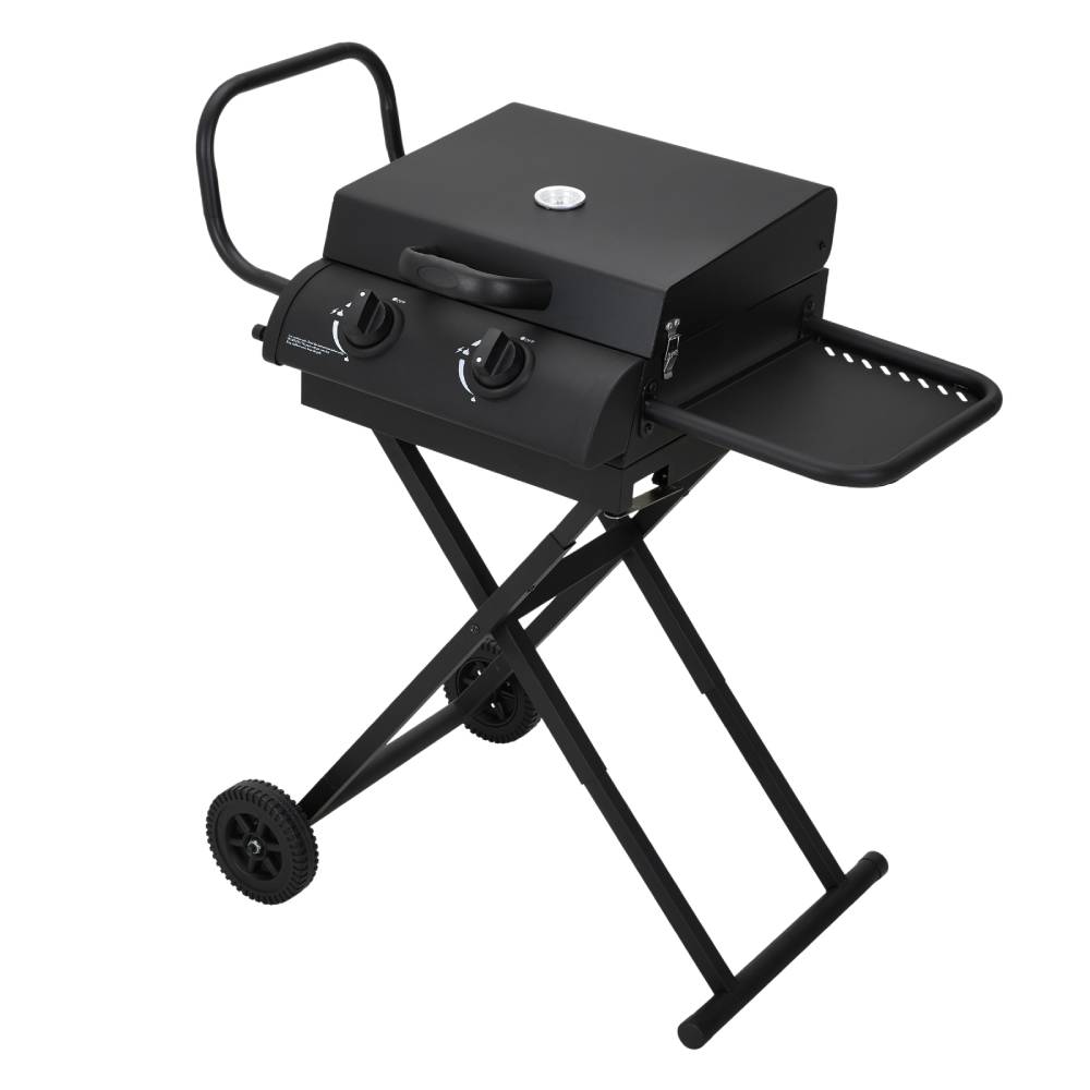 Portable 2-burner Gas Bbq Grill – Folding Trolley With Side Shelf, Thermometer, Wheels, And Outdoor Cooking Plate