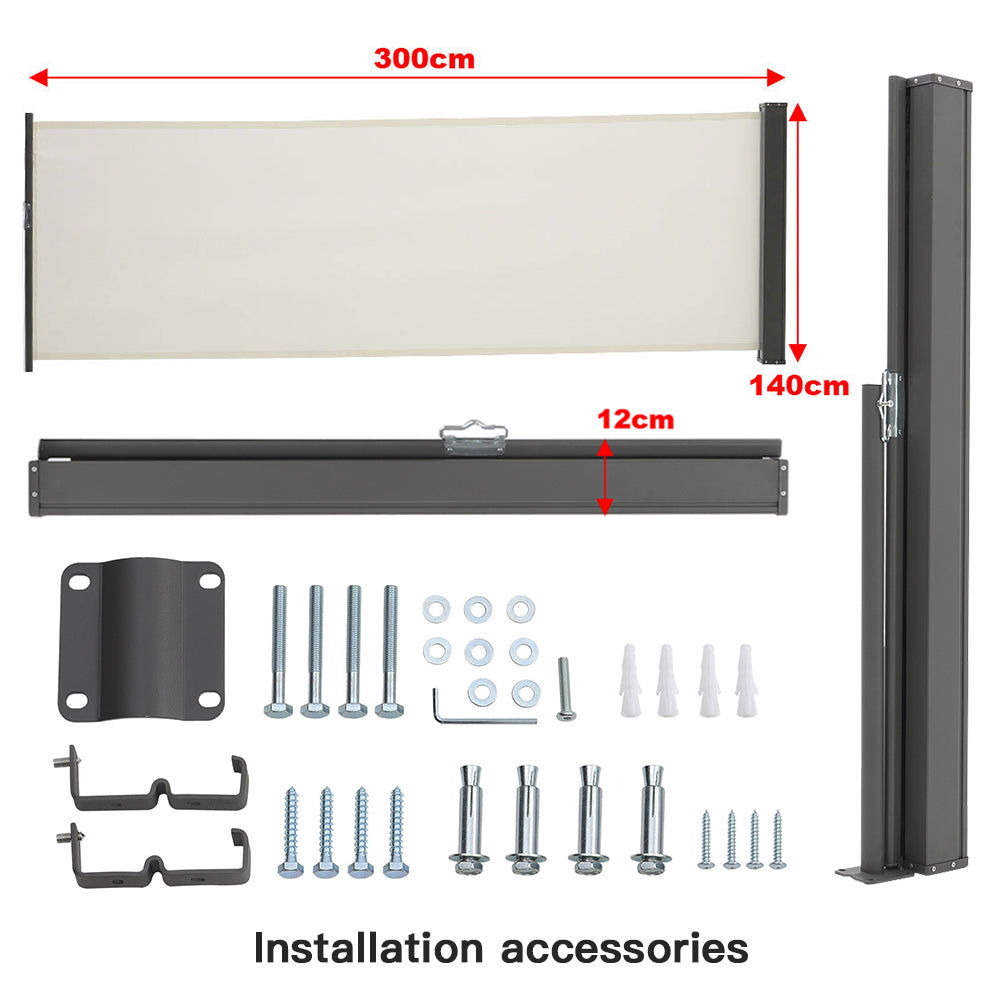 Retractable Side Awning 300cm Patio Privacy Screen Uv & Water Resistant Polyester Garden Balcony Wind Screen (1.2m/1.4m H) | 1.4m | Beige