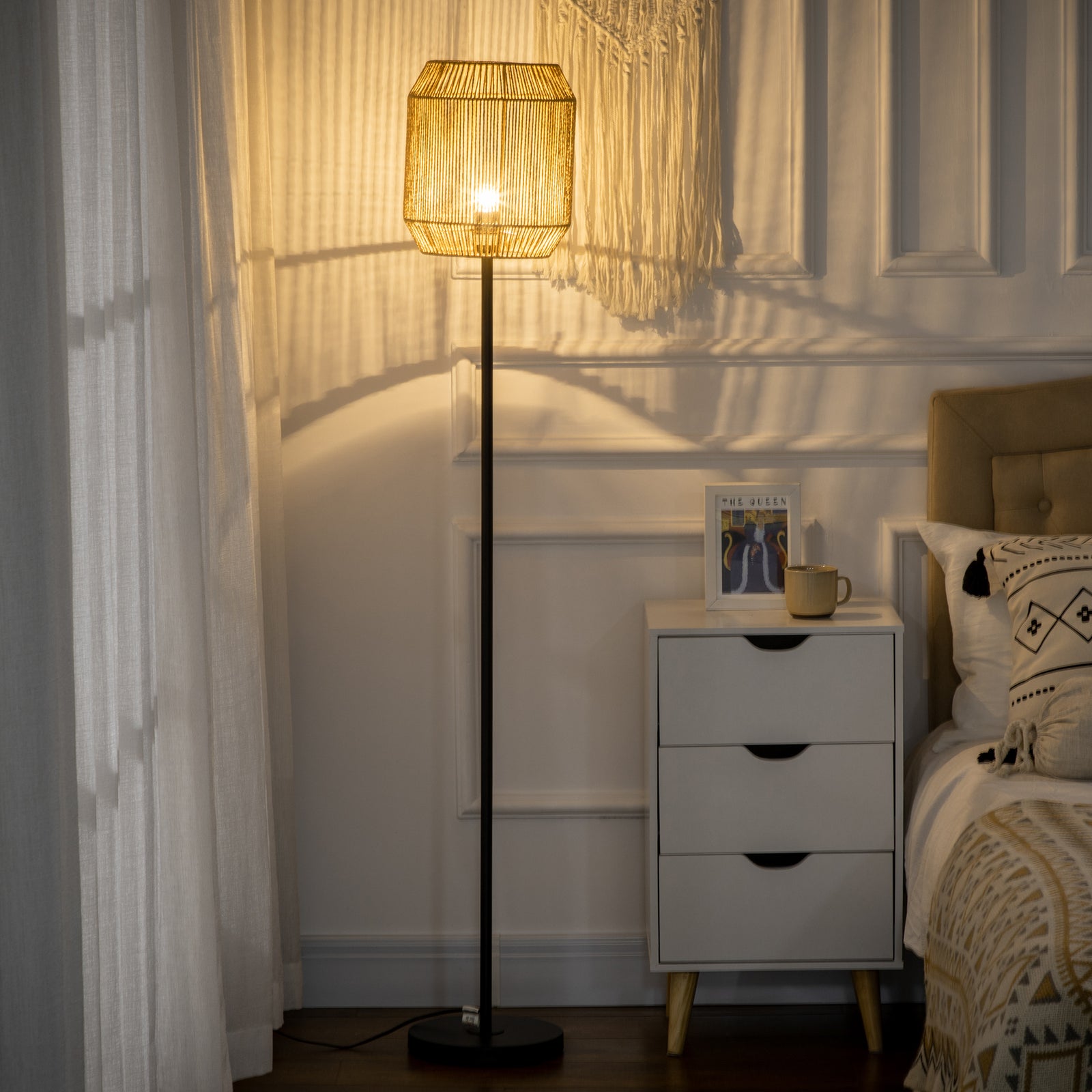 Farmhouse Floor Lamp With Rattan Wicker, Natural