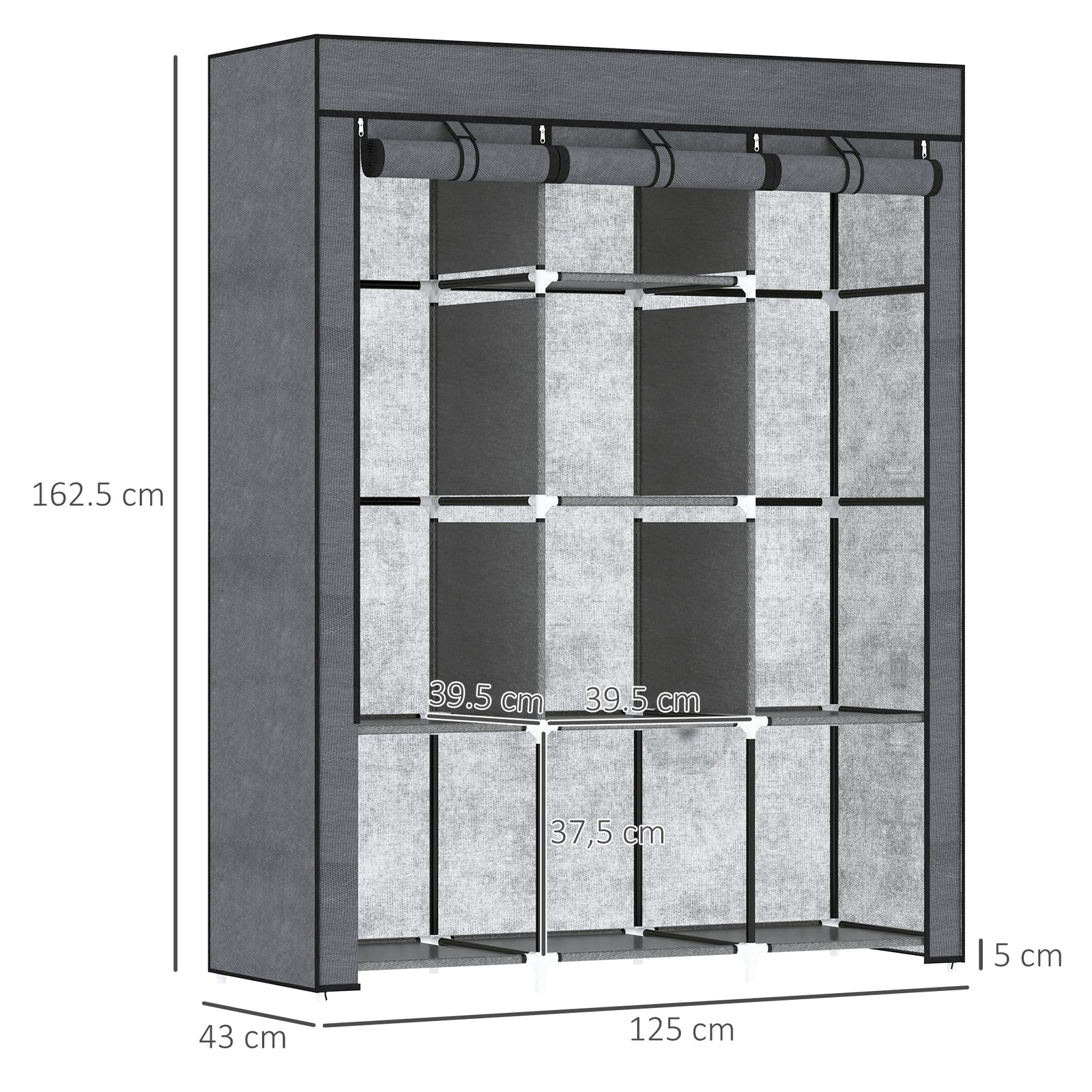 Fabric Portable Wardrobe With 8 Shelves 2 Hanging Rails | Dark Grey