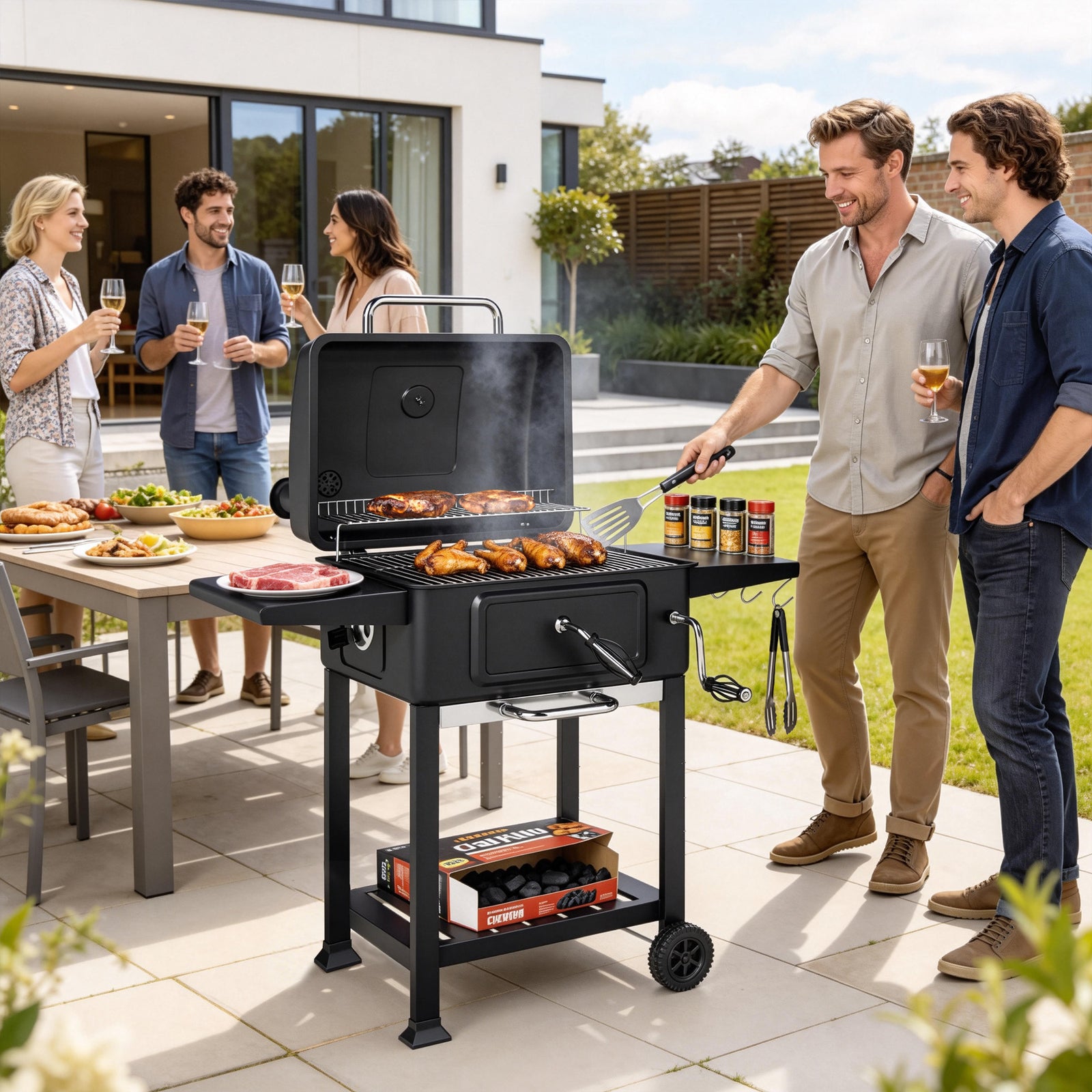 Charcoal Bbq Grill, Large Barbecue Grill Smoker With Wheels, Black