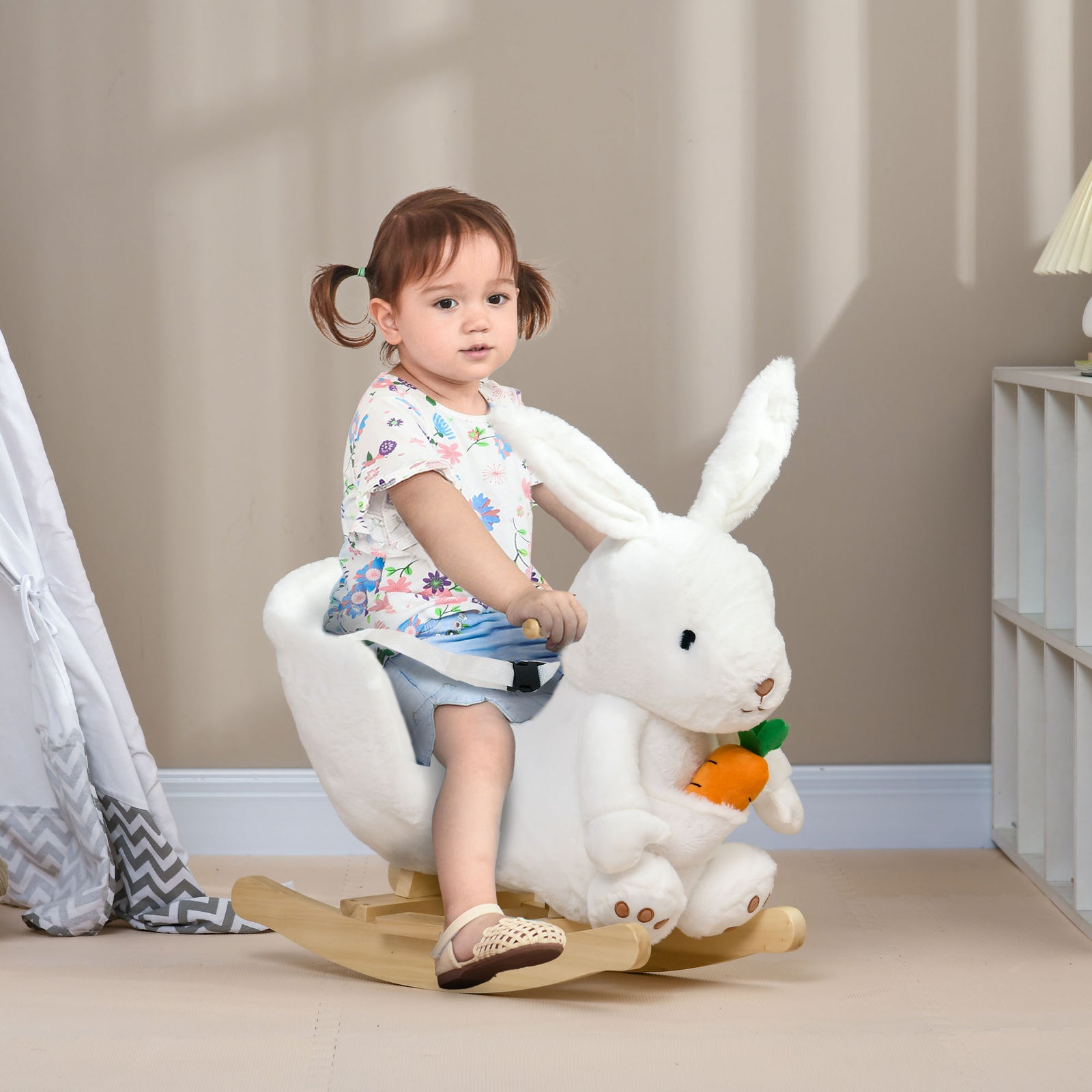 Kids Rabbit-shaped Rocking Horse W/ Realistic Sounds, Safety Belt - White