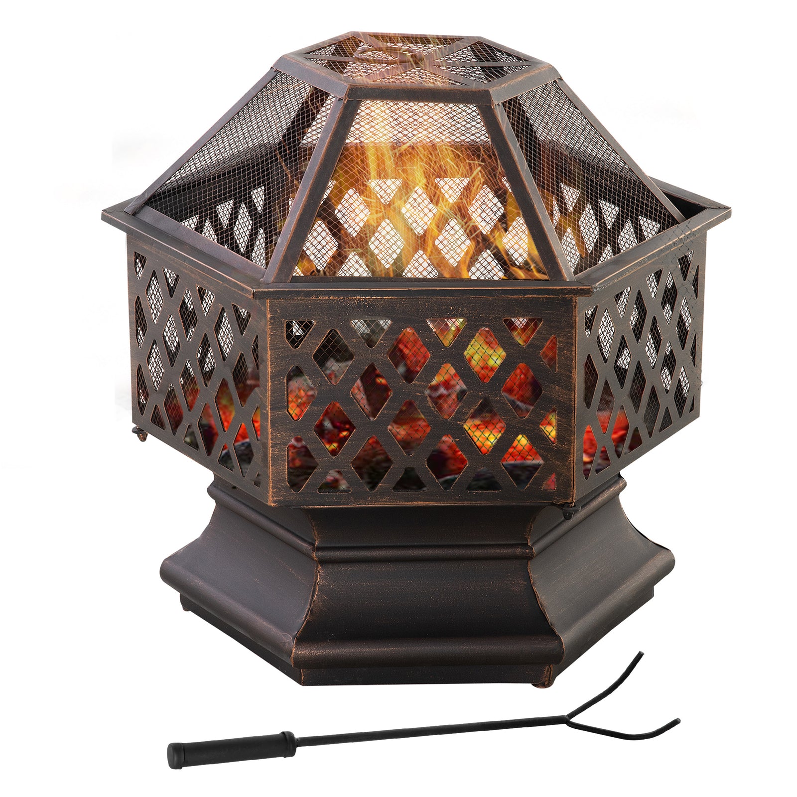 Outdoor Fire Pit W/ Screen & Poker, Bronze