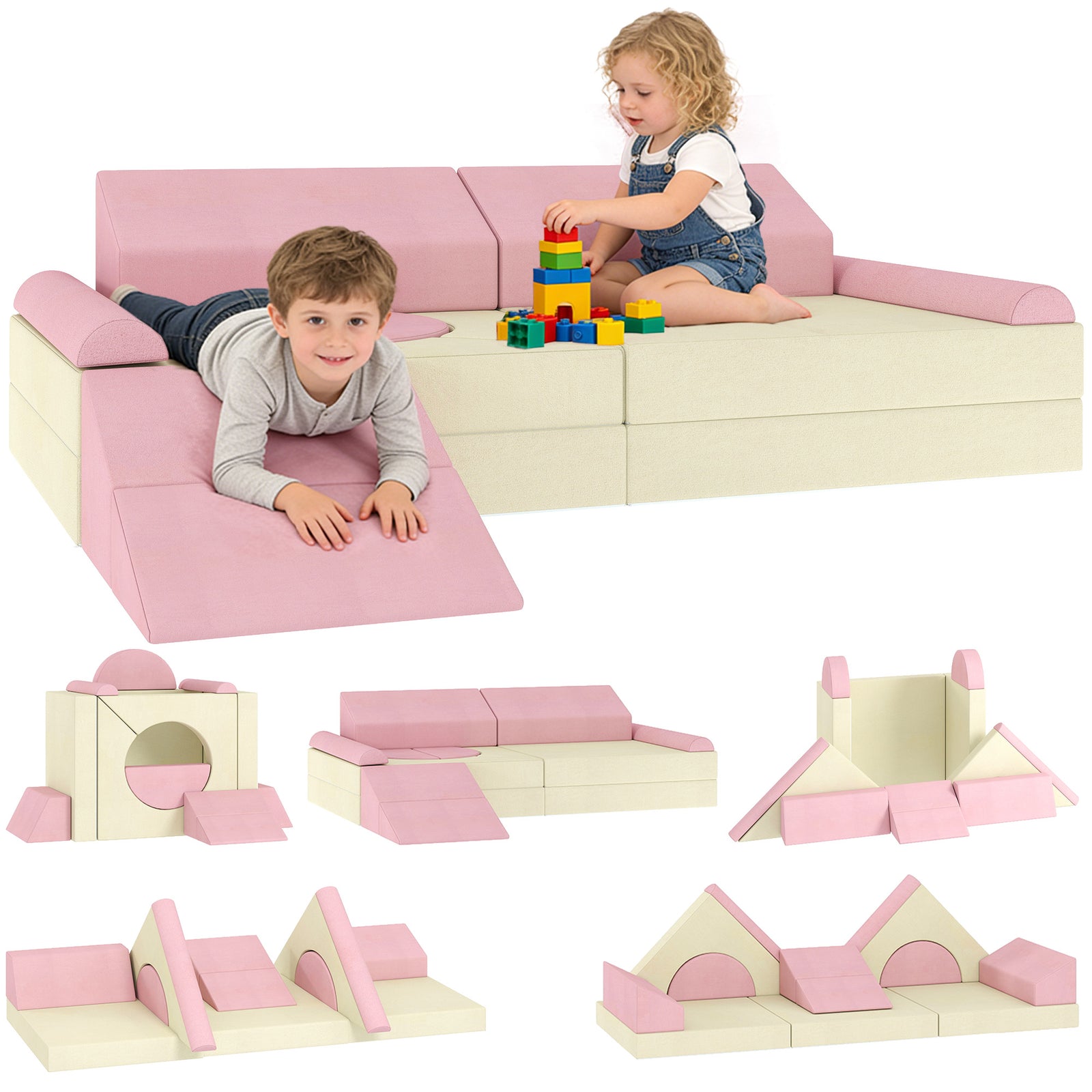 Kids Play Sofa, 12 Pieces Foam Modular Convertible Sofa | Pink