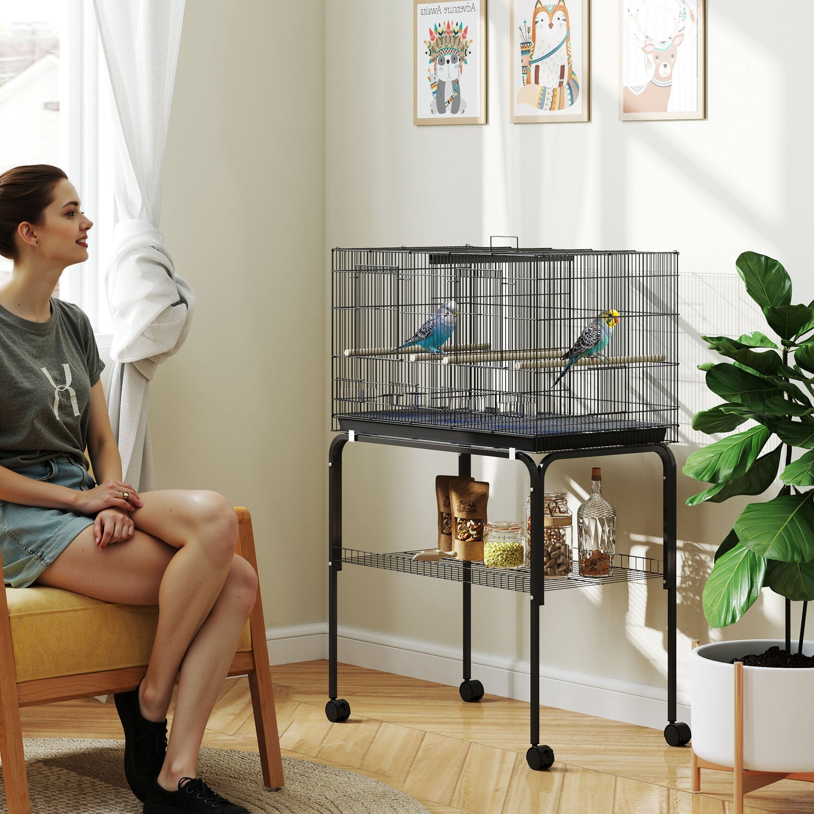 Bird Cage With Divider, 4 Wooden Perches, Slide Out Tray | Black