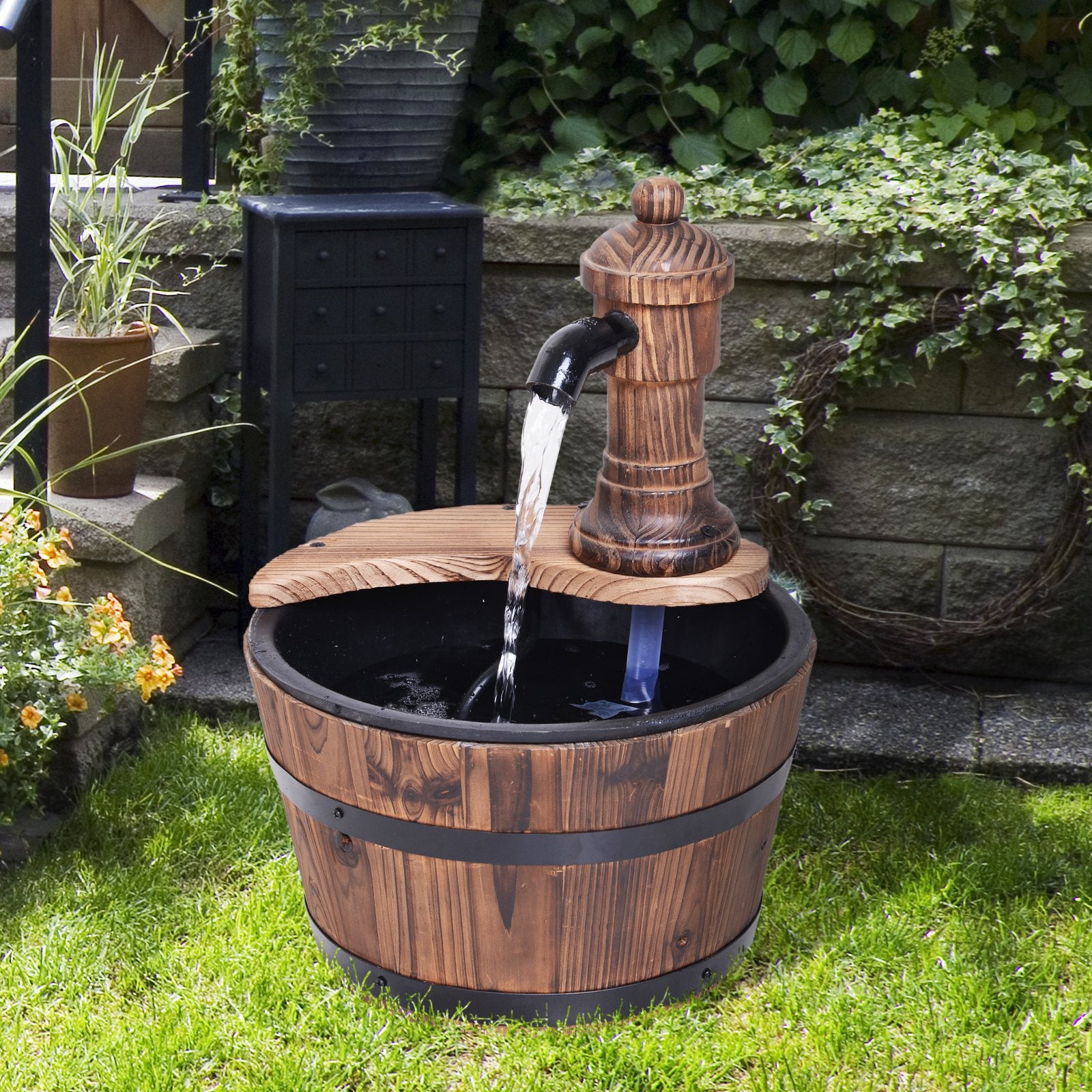 Barrel Patio Water Fountain With Electric Pump, Garden Decor