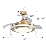 Modern 3 Blade Gold Crystal Ceiling Fan With Dimmable Led Light & Remote Luxury Round Design
