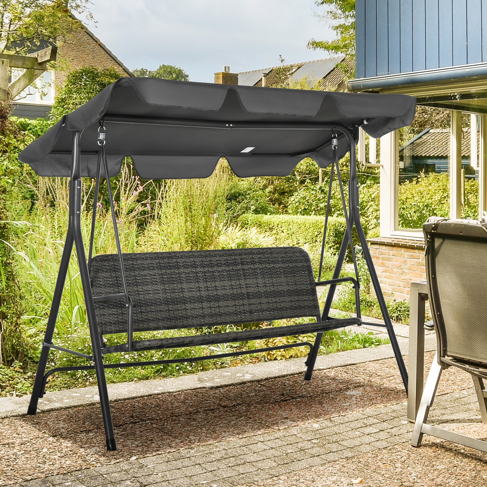 3-person Outdoor Rattan Swing Chair Hanging W/ Stand, Canopy