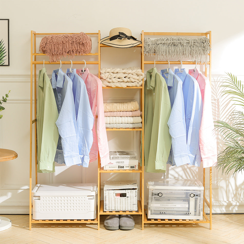 Bamboo Trapezoid Clothing Rack With 5-tier Storage Shelves Multi-functional Clothes Hanging Rack Stand | Natural