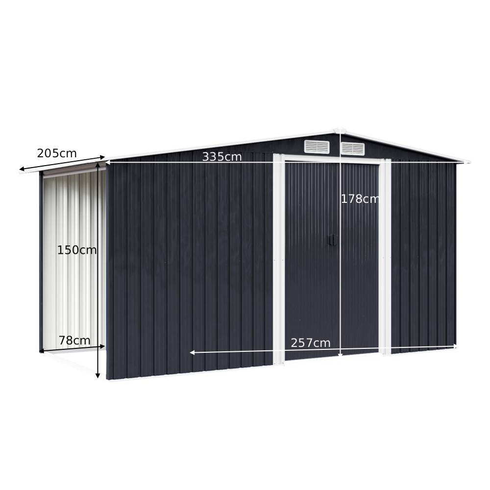 8x6ft Heavy Duty Garden Metal Shed With Extra 78cm Outdoor Weatherproof Firewood & Tool Storage Rack