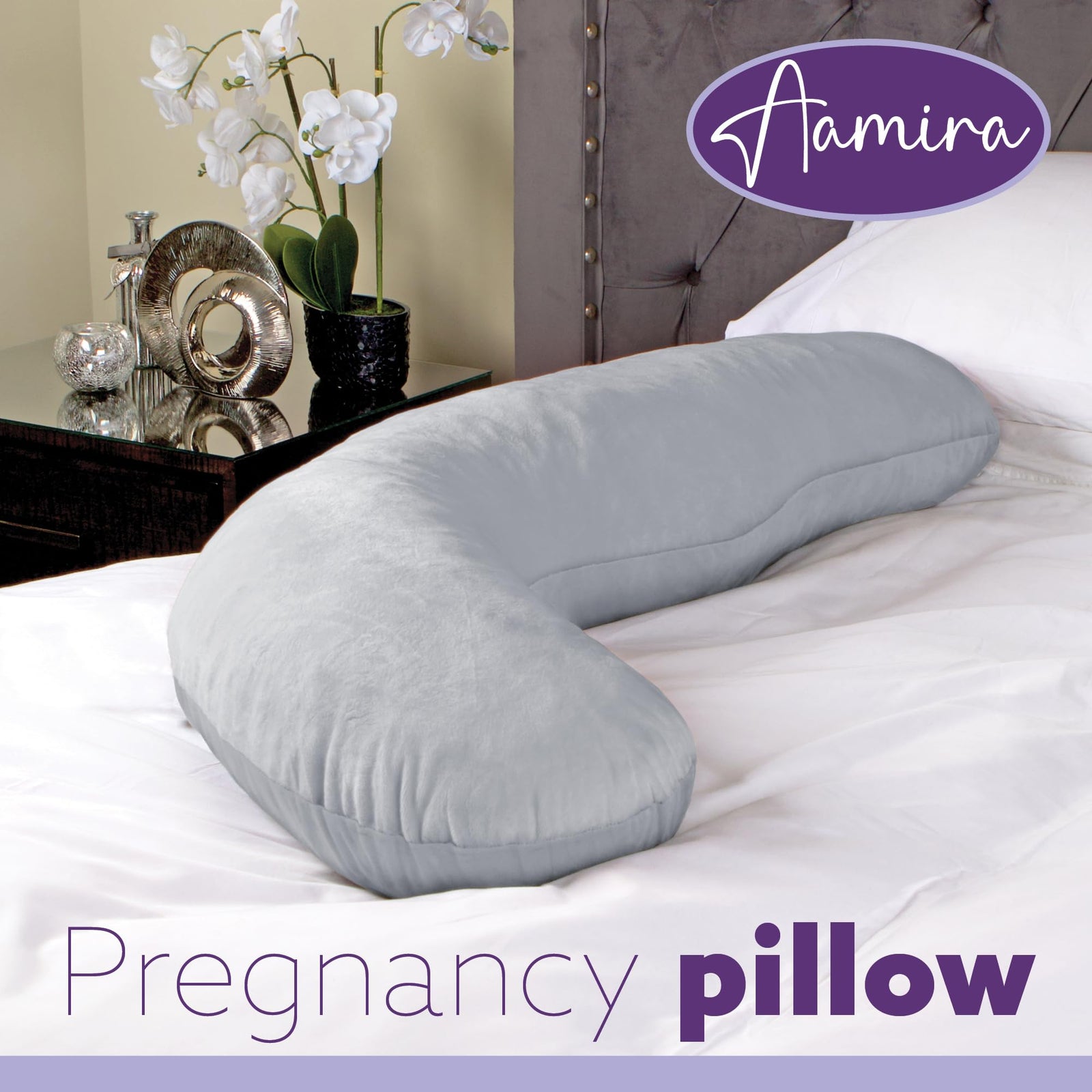 L Shaped Pregnancy Pillow, 145x25x20cm Shredded Memory Foam Full Body Maternity Cushion For Sleeping | J Shape | Light Grey