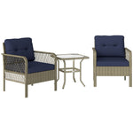 3 Piece Rattan Bistro Set, Glass Top Table And Chairs | Charcoal Gray