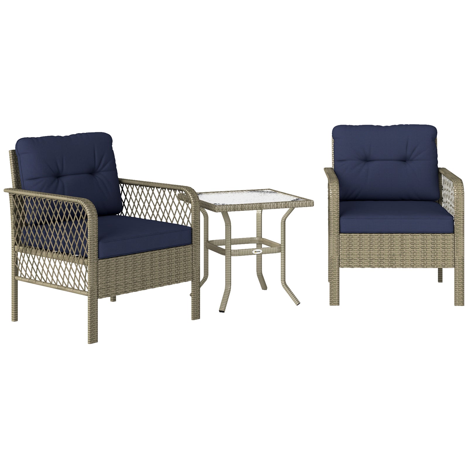 3 Piece Rattan Bistro Set, Glass Top Table And Chairs | Charcoal Gray