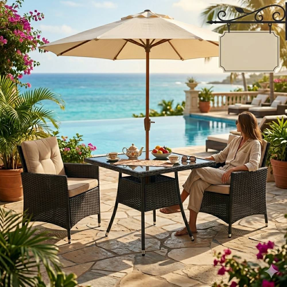 Square Wicker Patio Table With Black Tempered Glass Top With 51mm Umbrella Hole & Transparent Cap 80cm X 72cm H