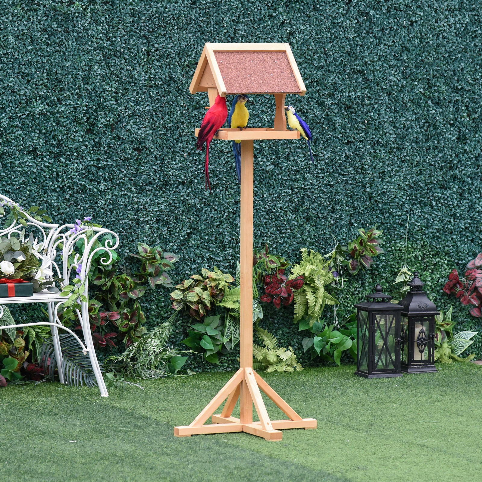 Pawhut Wooden Bird Feeder W/ Cross-shaped Support Feet Weather Resistant Roof
