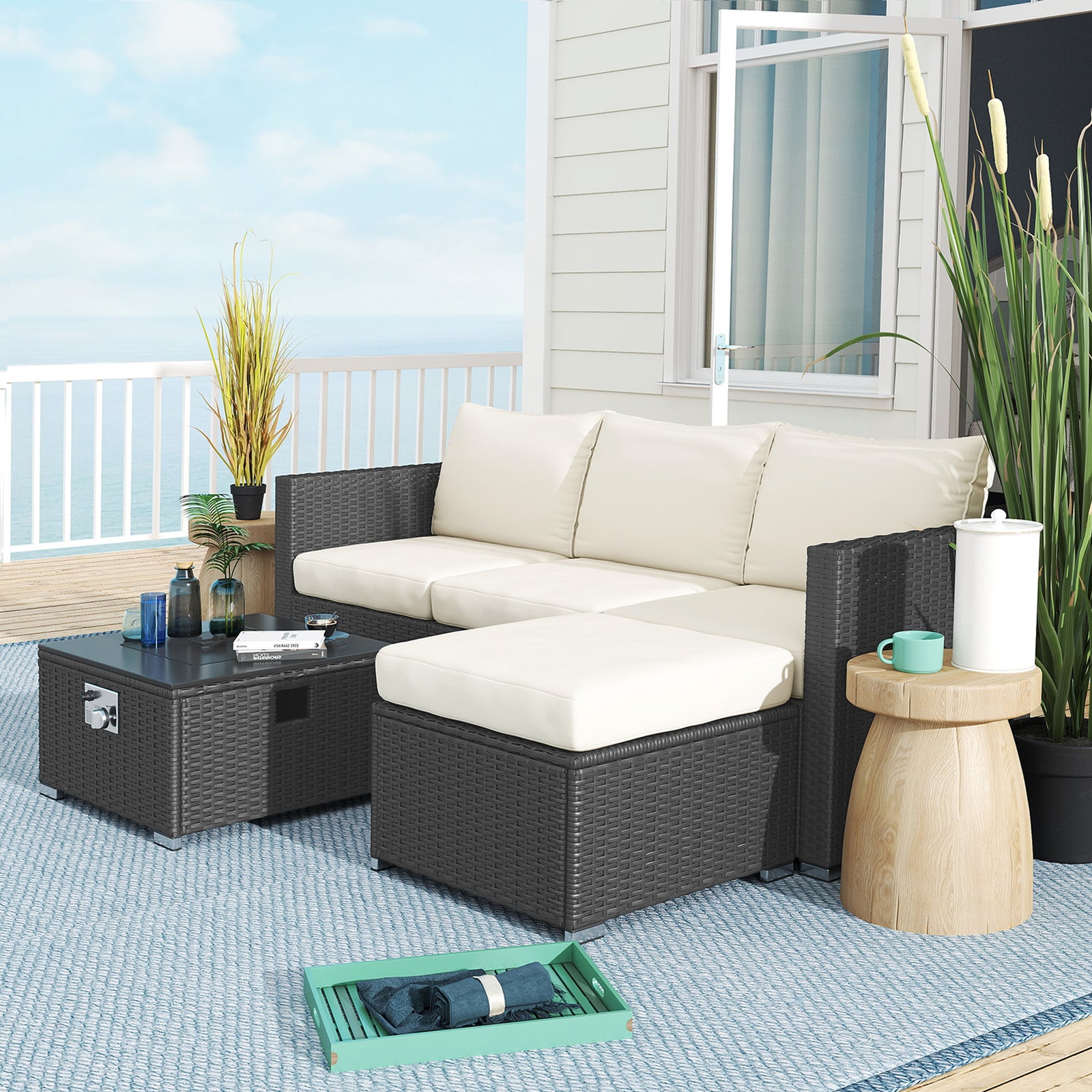 5 Piece Rattan Set With Gas Fire Pit | Black