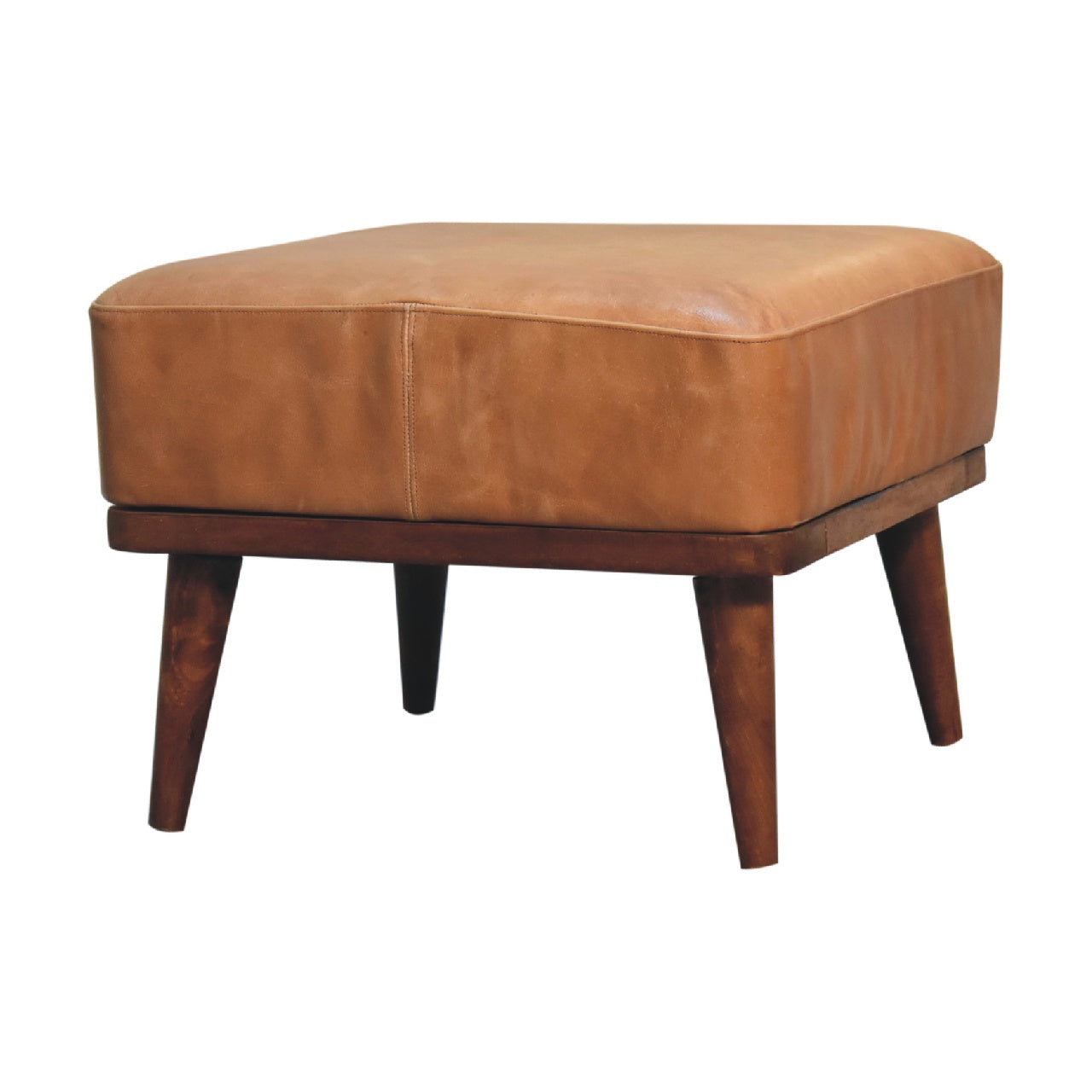 Solid Mango Wood Tan Buffalo Leather Tan Footstool