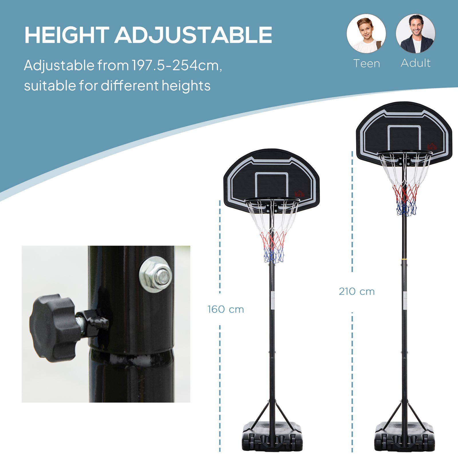 Adjustable Basketball Hoop And Stand 1.6-2.1m Black | Black