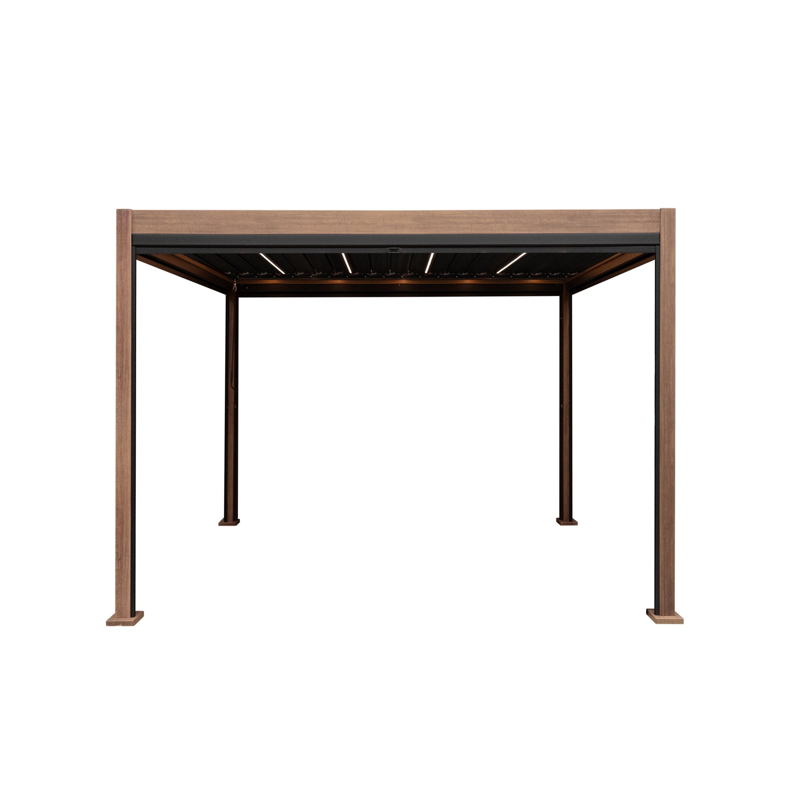 Wood Effect Aluminium Pergola With Blinds & Led Lights | 3m x 3m | Brown