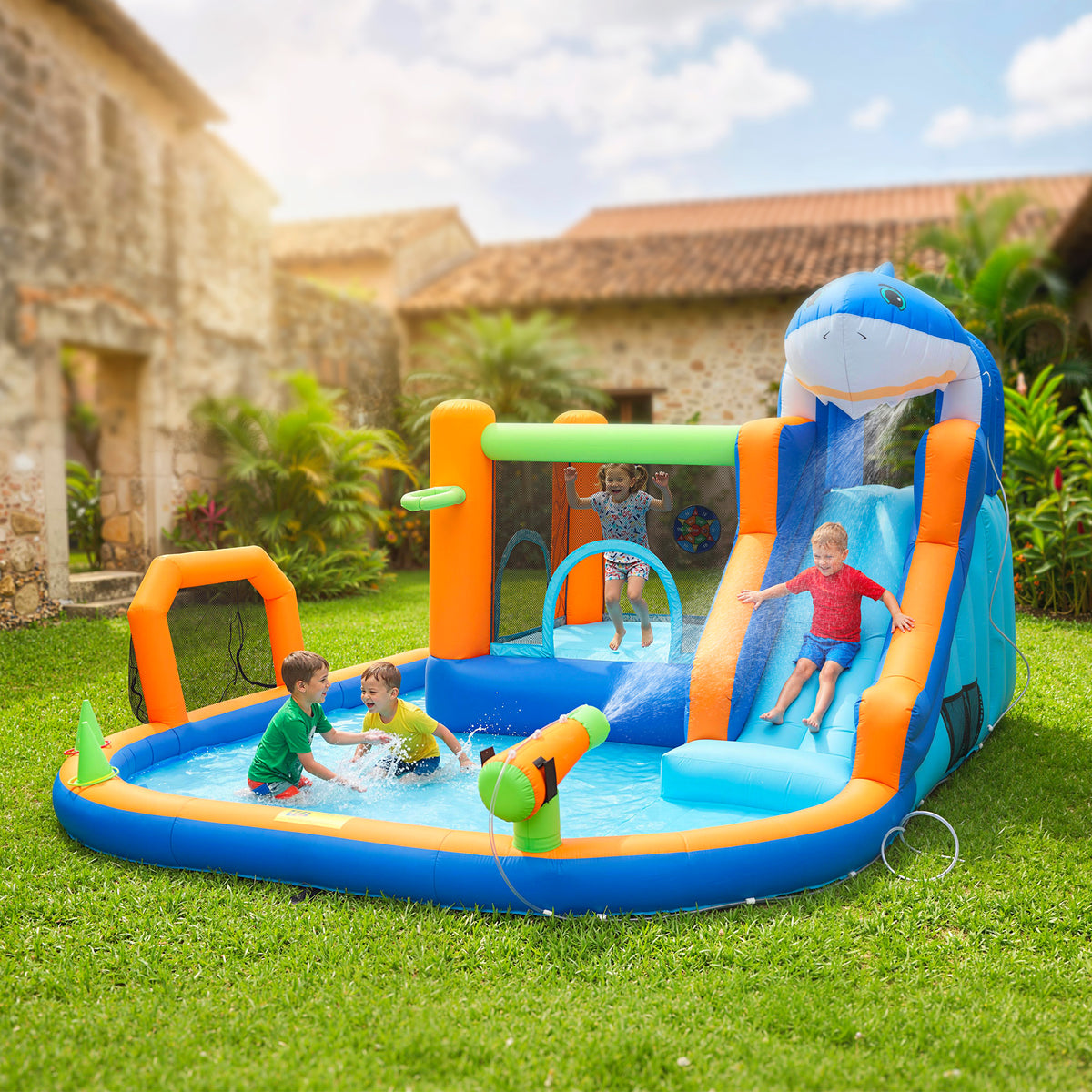 AIYAPLAY Inflatable Bouncy Castle For Kids Sharks Theme With Slide, Ball Pit