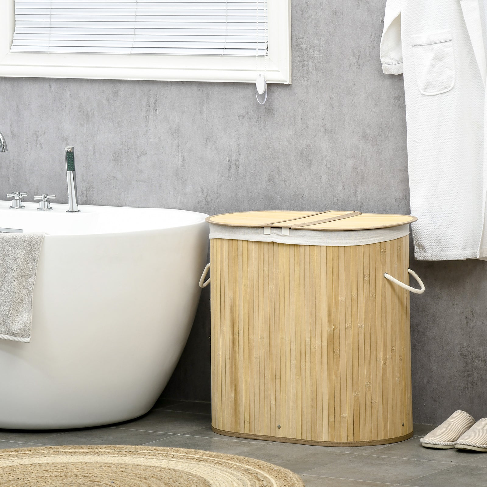 100l Bamboo Laundry Basket W/ 2 Compartments Washing Baskets | One Size | Natura