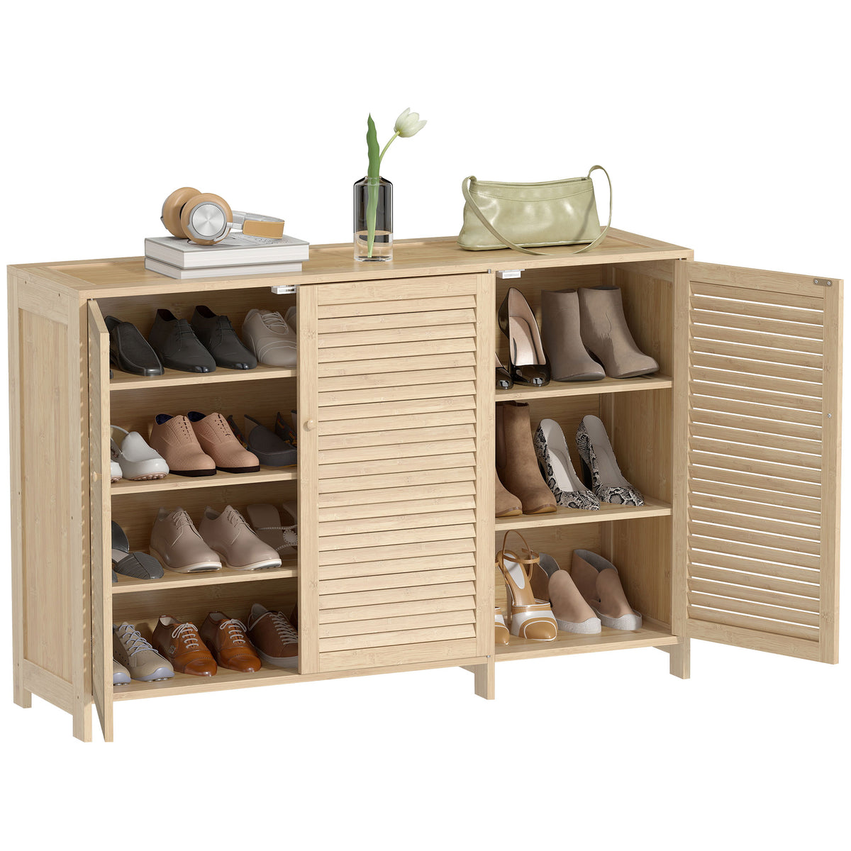 HOMCOM Bamboo Shoe Cabinet With Louvered Doors Pairs Shoe Storage Cabinet