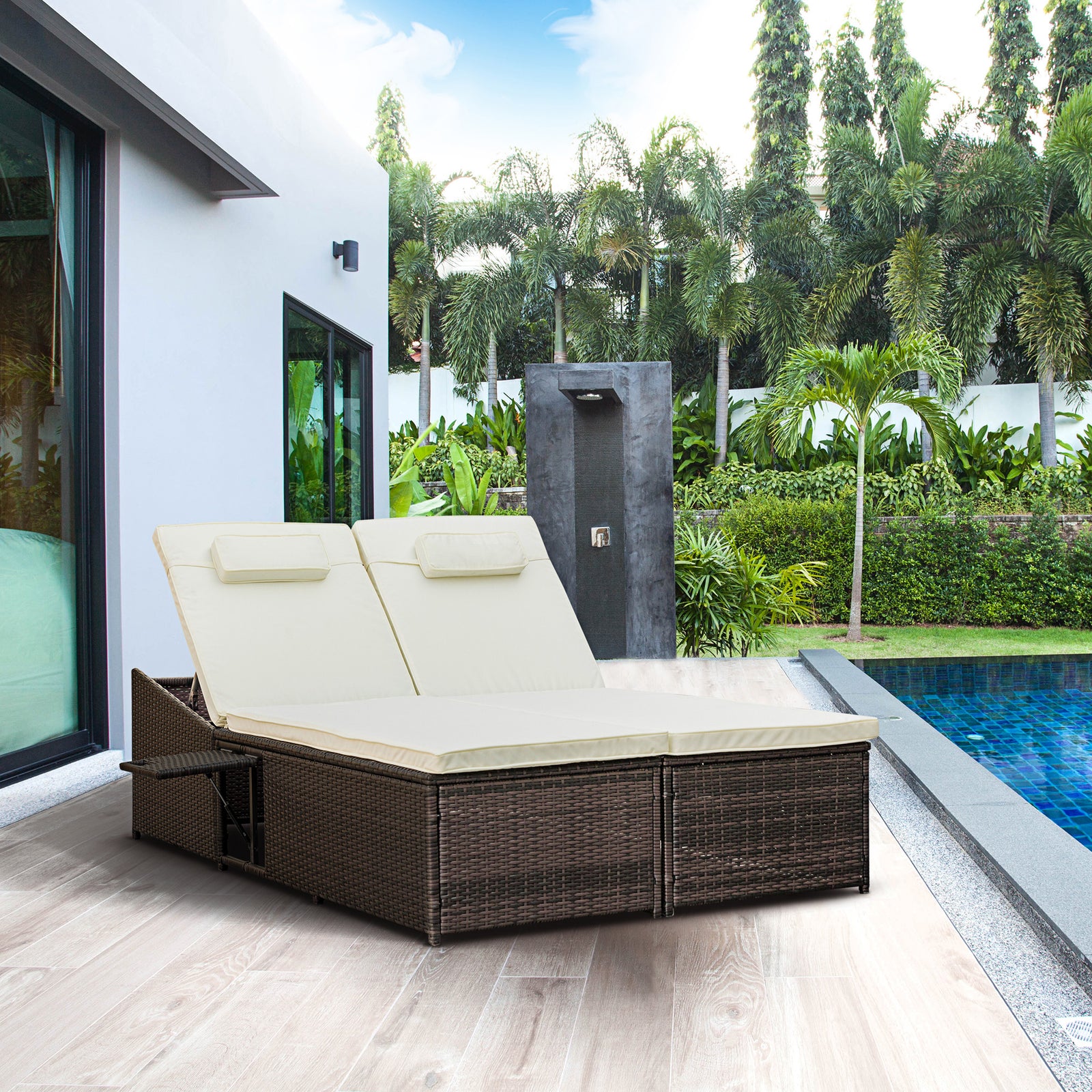 2-person Rattan Daybed Lounger Garden Recline Chair