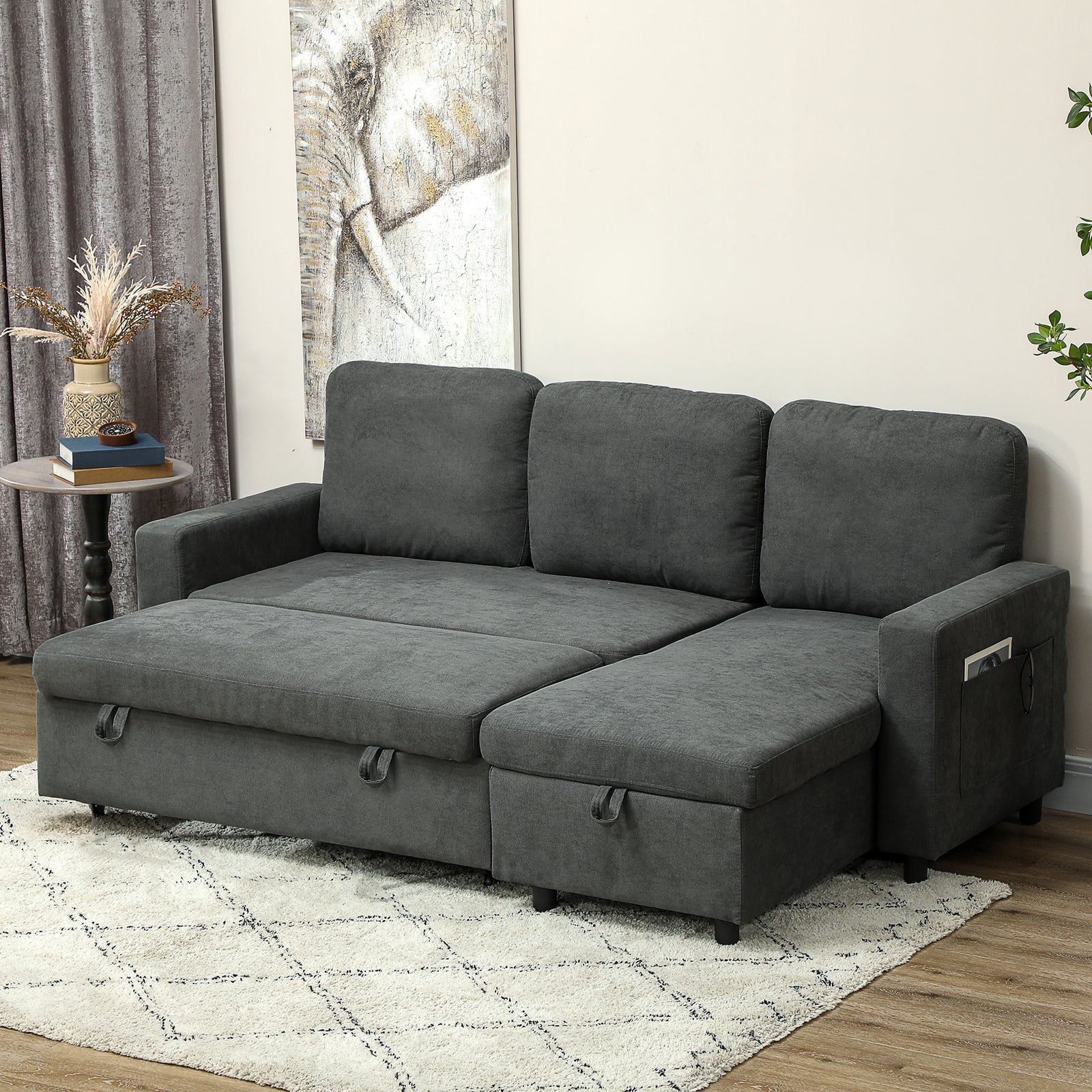 Pull Out Sofa Bed L Shape Corner Sofa W/ Reversible Chaise | Charcoal Gray