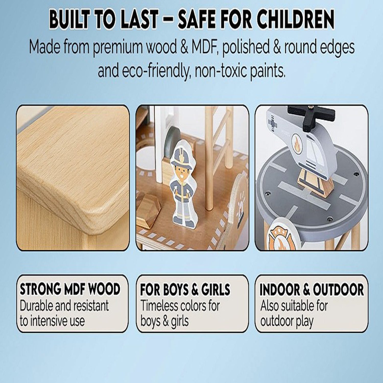 HYGRAD BUILT TO SURVIVE Kids Fire Station Wooden Dollhouse – 3-tier Pretend Play Toy Playse