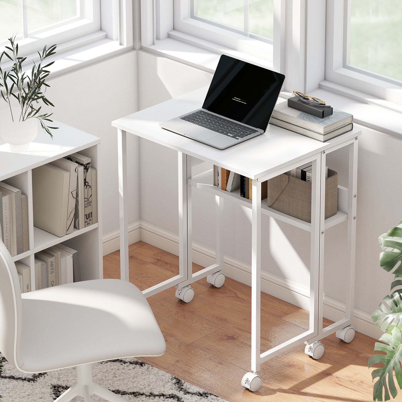 63 Cm Foldable Computer Desk On Wheels For Small Spaces | White