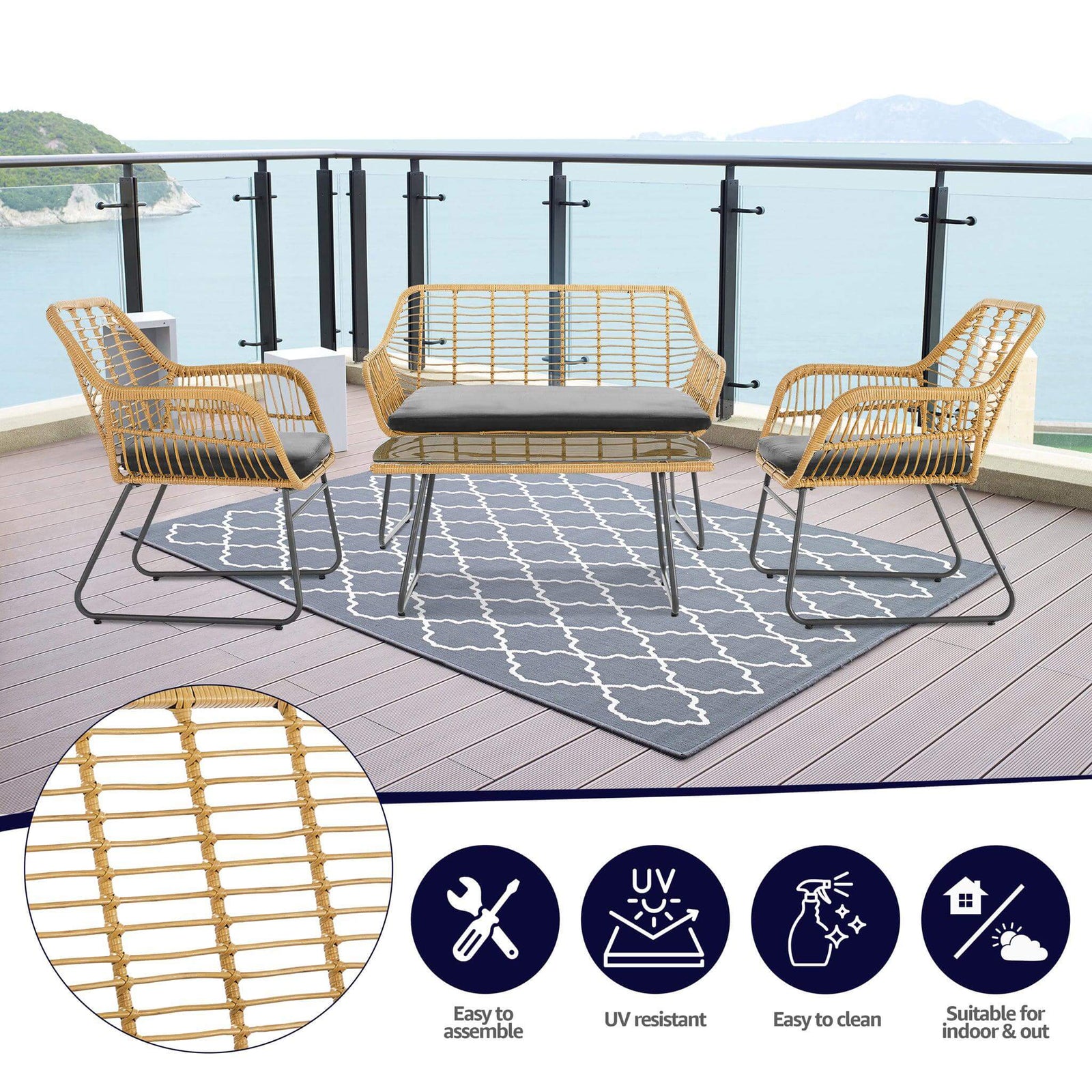 4-piece Wicker Pe Rattan Garden Furniture Set