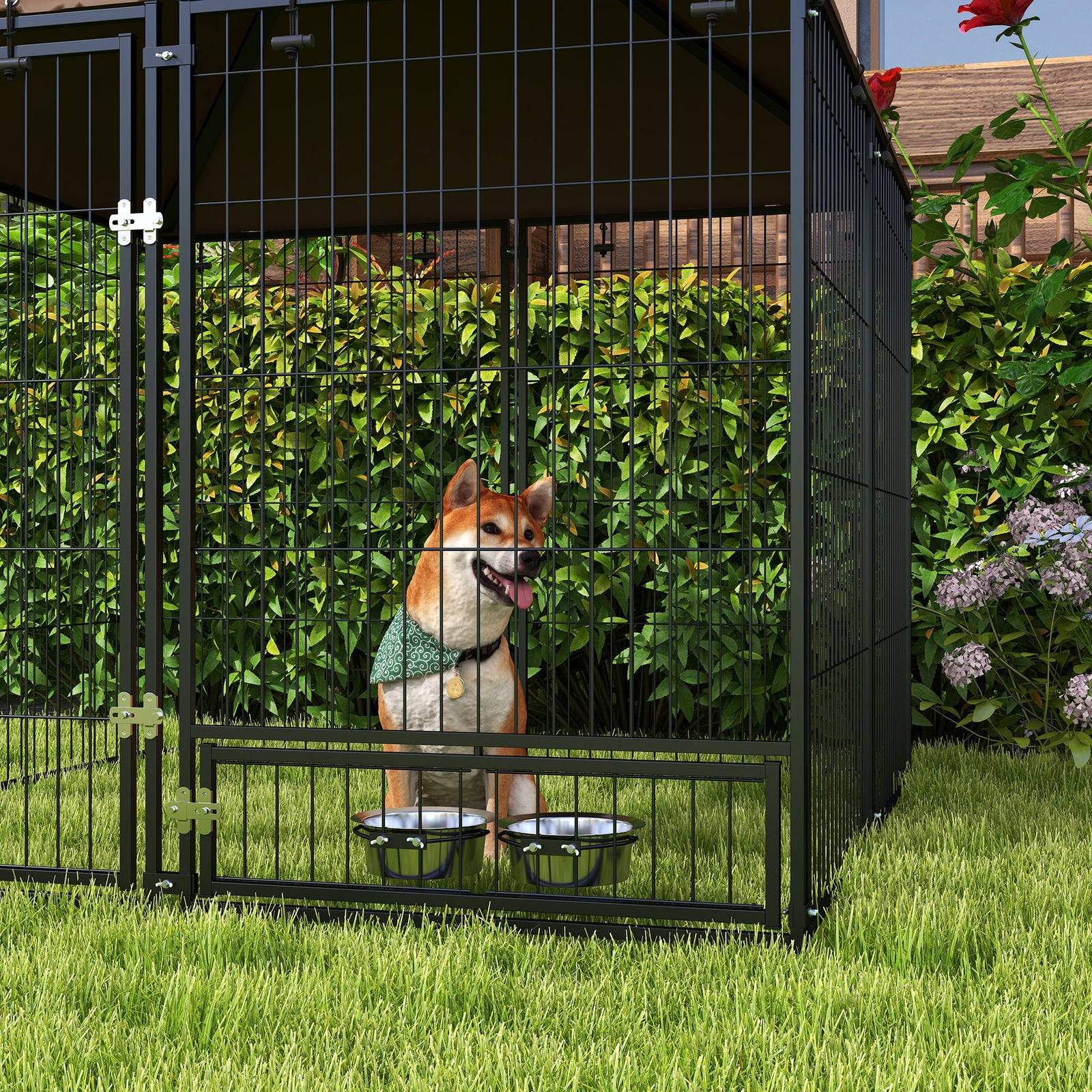 Dog House Kennel W/ Canopy Top, Lock, Bowl Holder