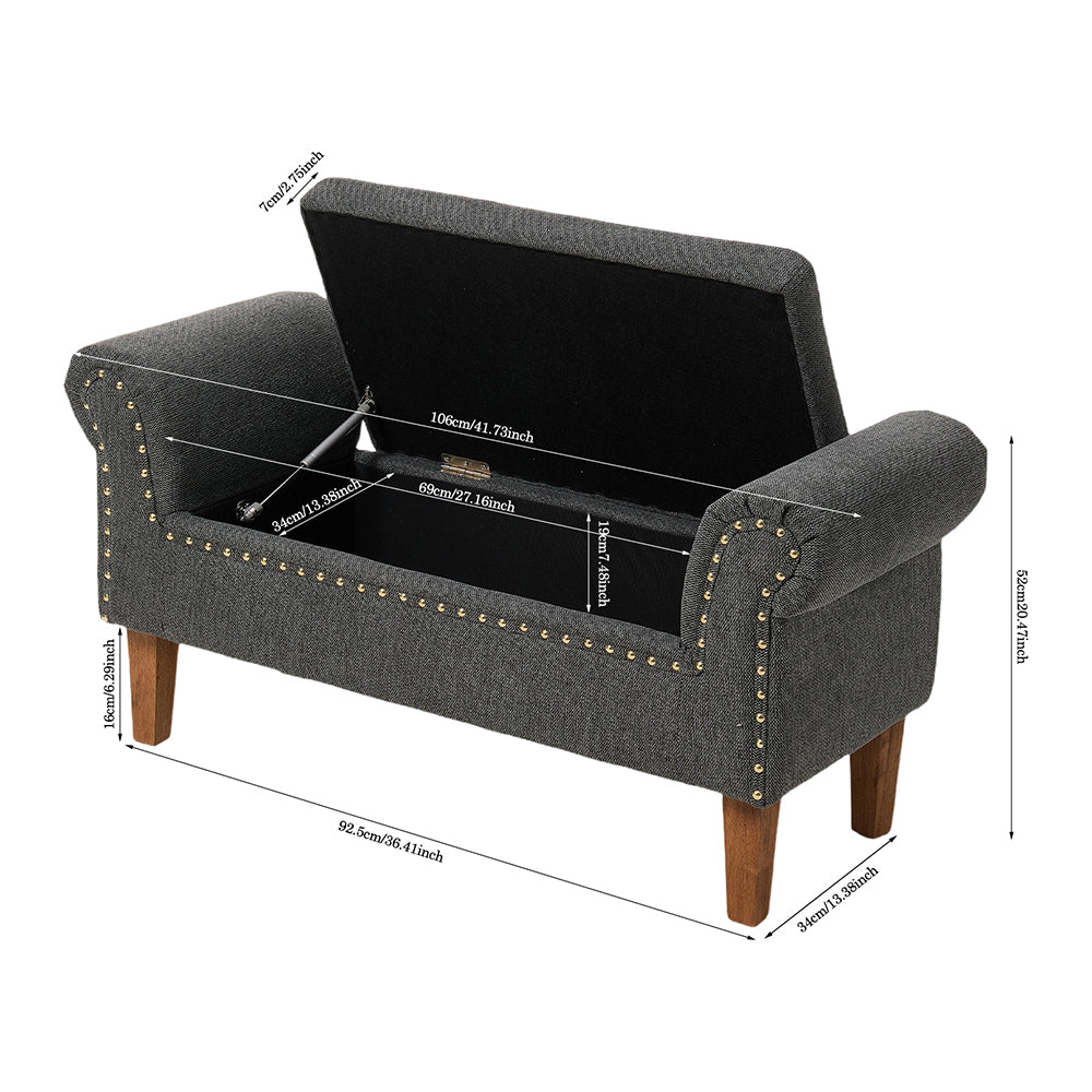 Linen Upholstered Storage Bench With Nailhead Trim & Wooden Legs – Modern Entryway Or Bedroom Seat 106cm W | Grey
