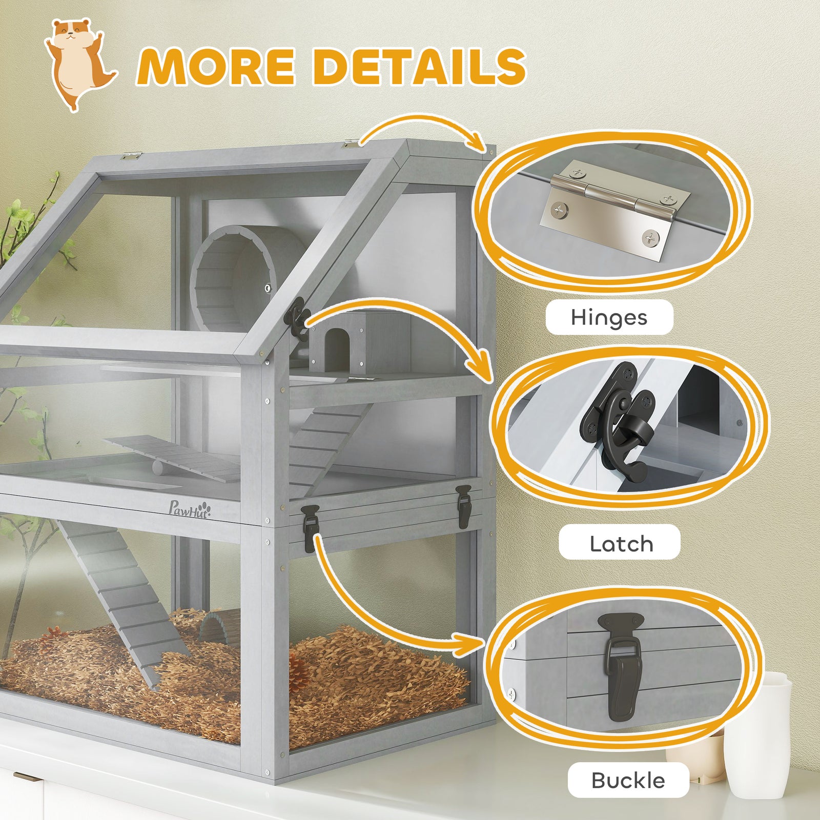 Wooden Hamster Cage W/ Detachable Bottom, Hut, Seesaw, Light Grey