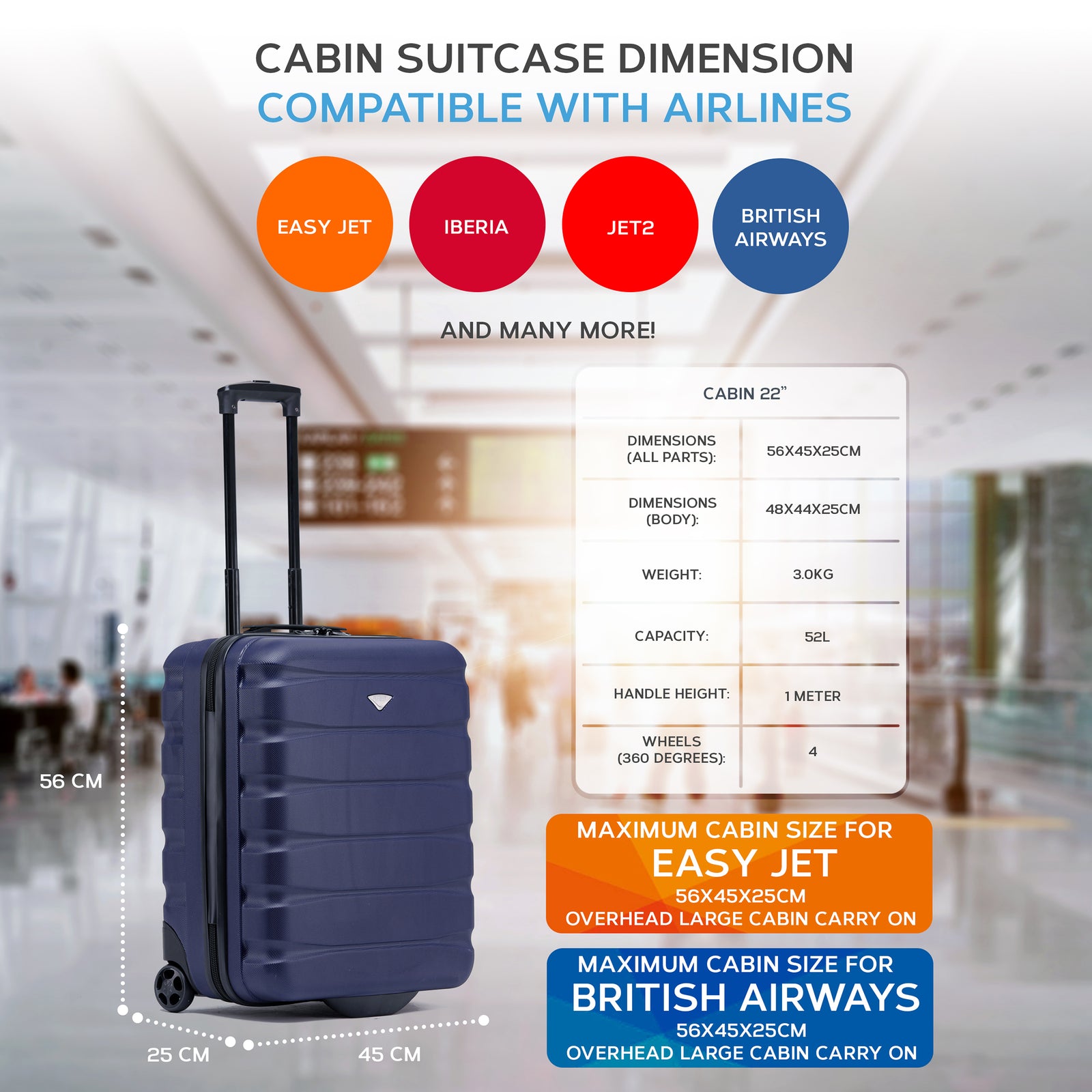 56x45x25cm Hard Cabin Suitcase - Lightweight 2-Wheel ABS Carry On Hand Luggage | Cabin | Navy Blue