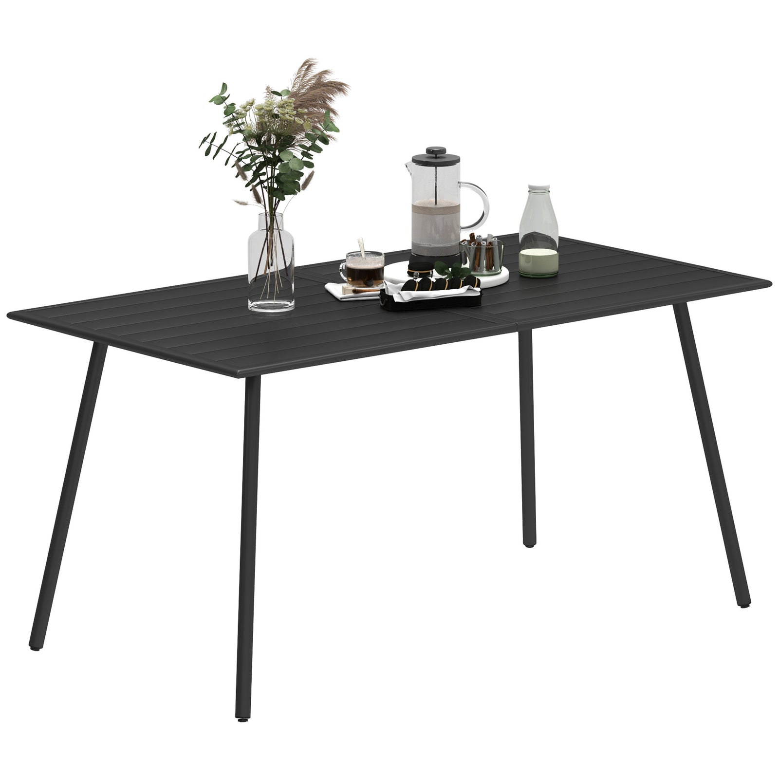 Garden Table For 4/6 Person W/ Slat Top, Steel | Large | Black