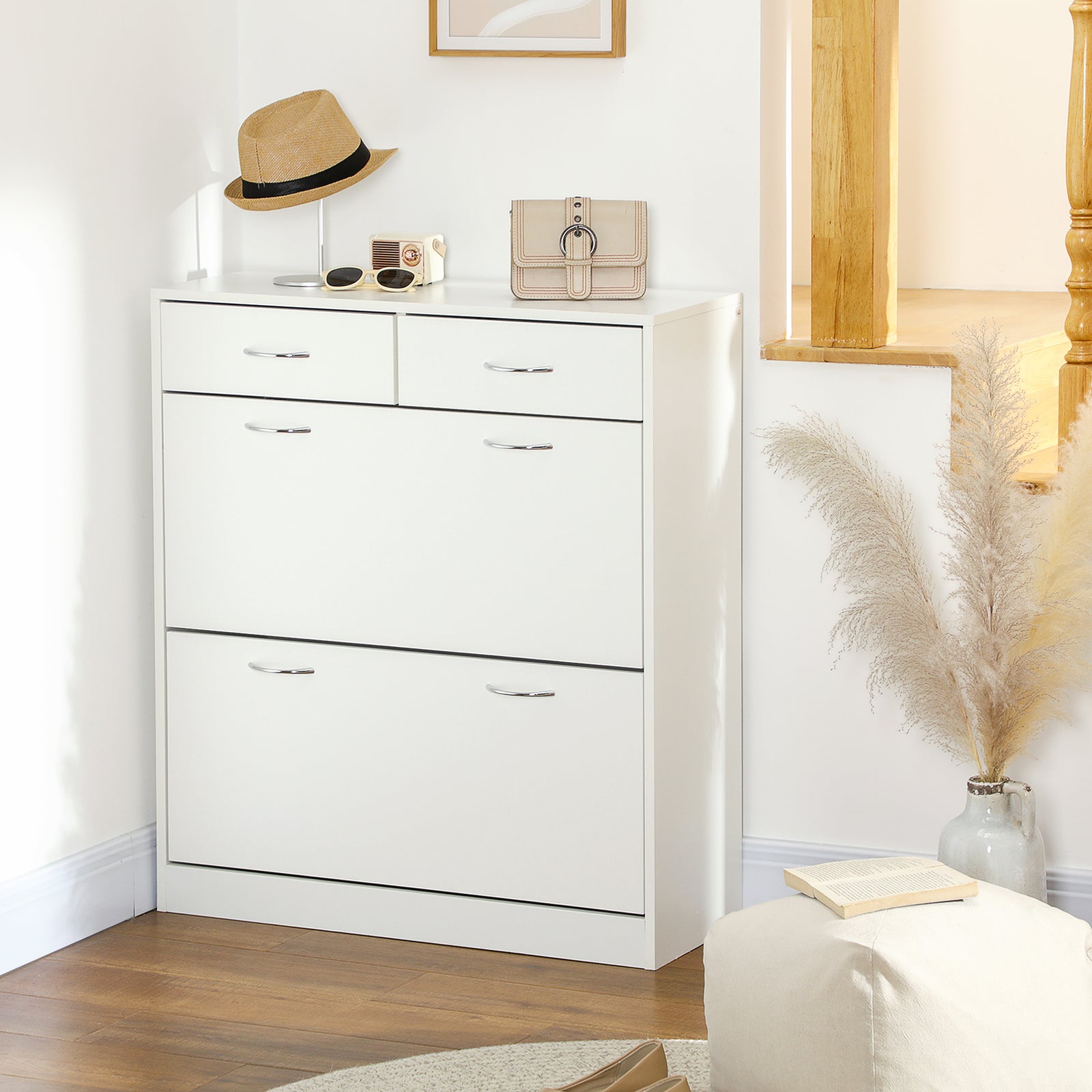 Slim Shoe Cabinet With 2 Flip Drawers For 12 Pairs Of Shoes