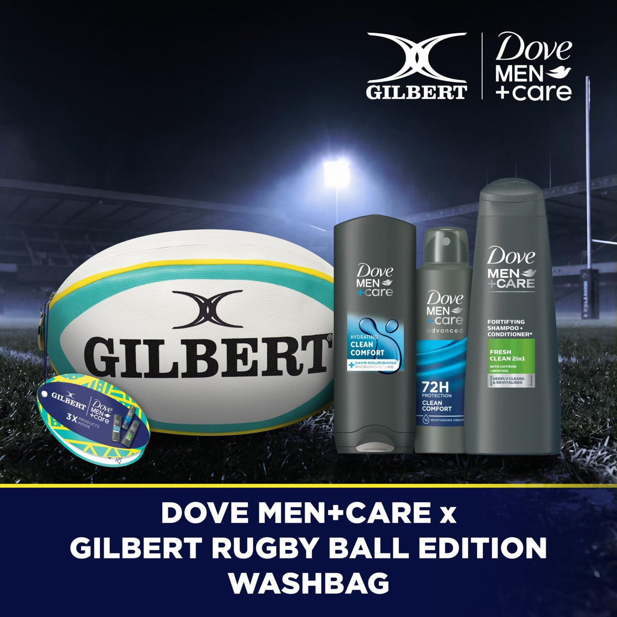 X Gilbert Rugby Ball Edition Washbag Gift Set For Him, 3 Piece | Set of 4