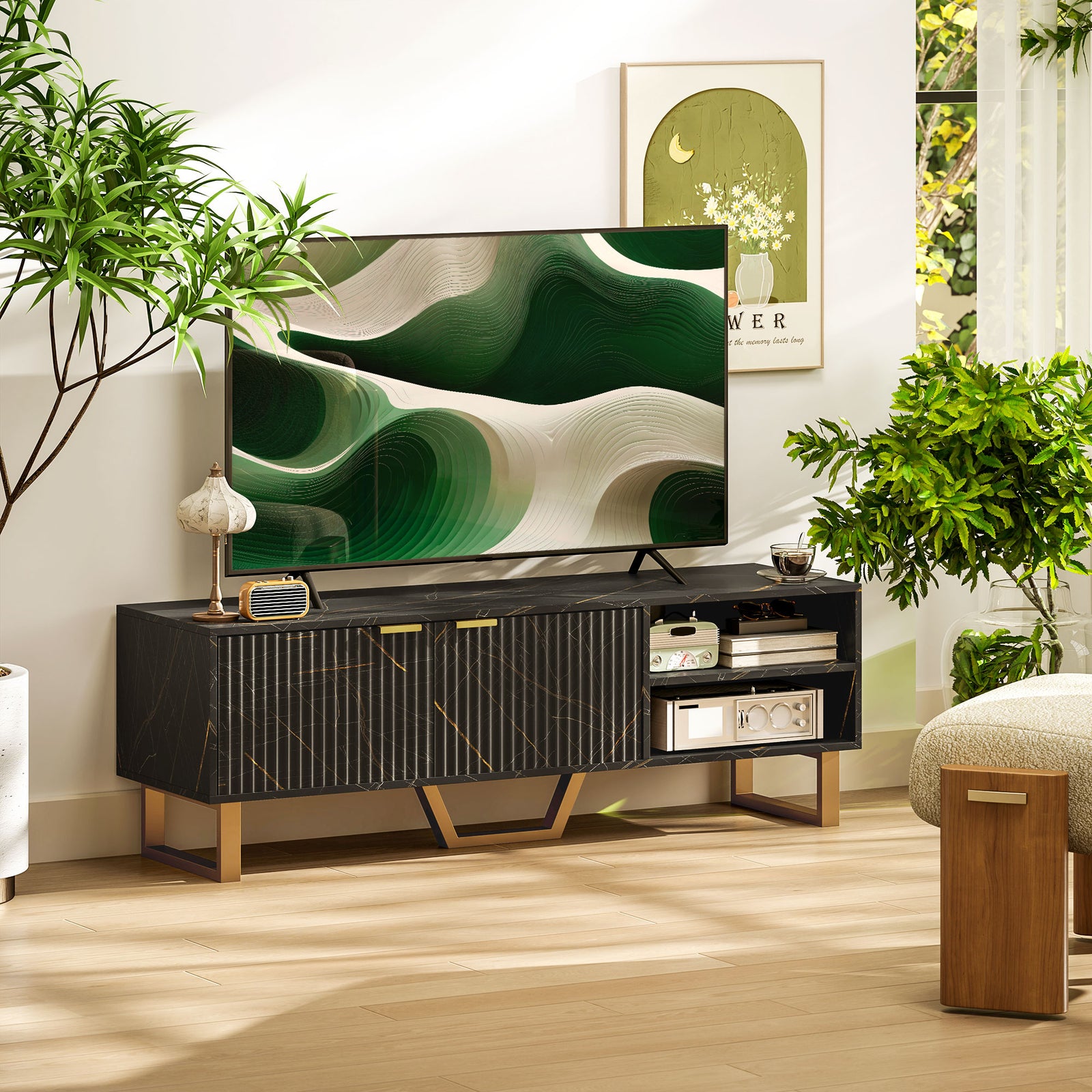 Tv Unit, Tv Stand Cabinet With Shelves And Storage Cupboard | One Size | Black