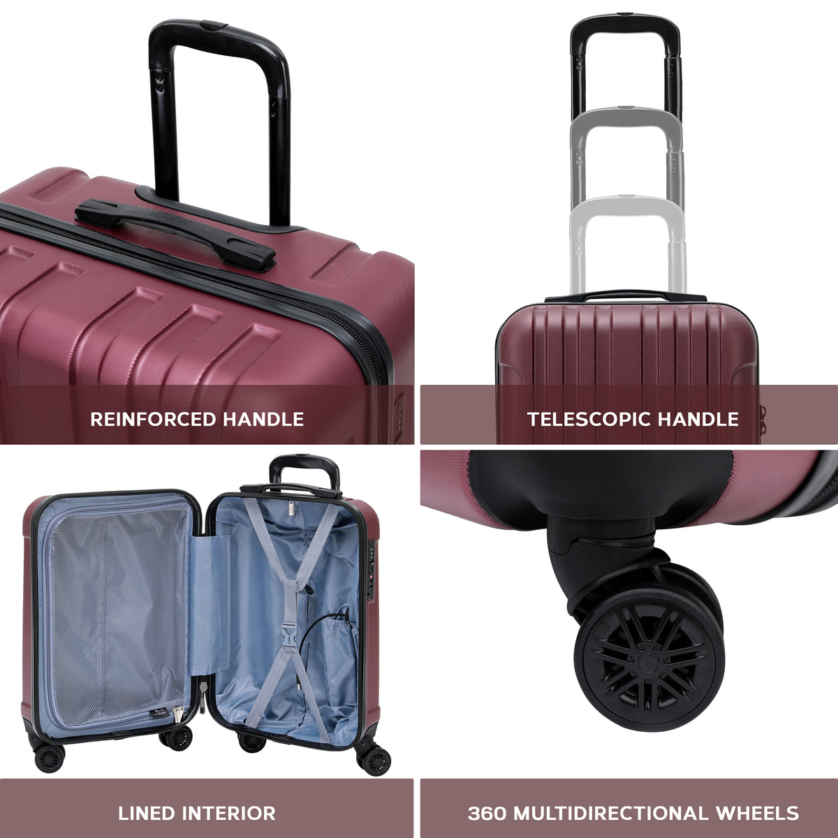 Set Of 3 Hard Shell Suitcases Overhead Carry On Cabin Bag & Check In 20kg+ Medium And Large Bag. | Set of 3 | Burgundy