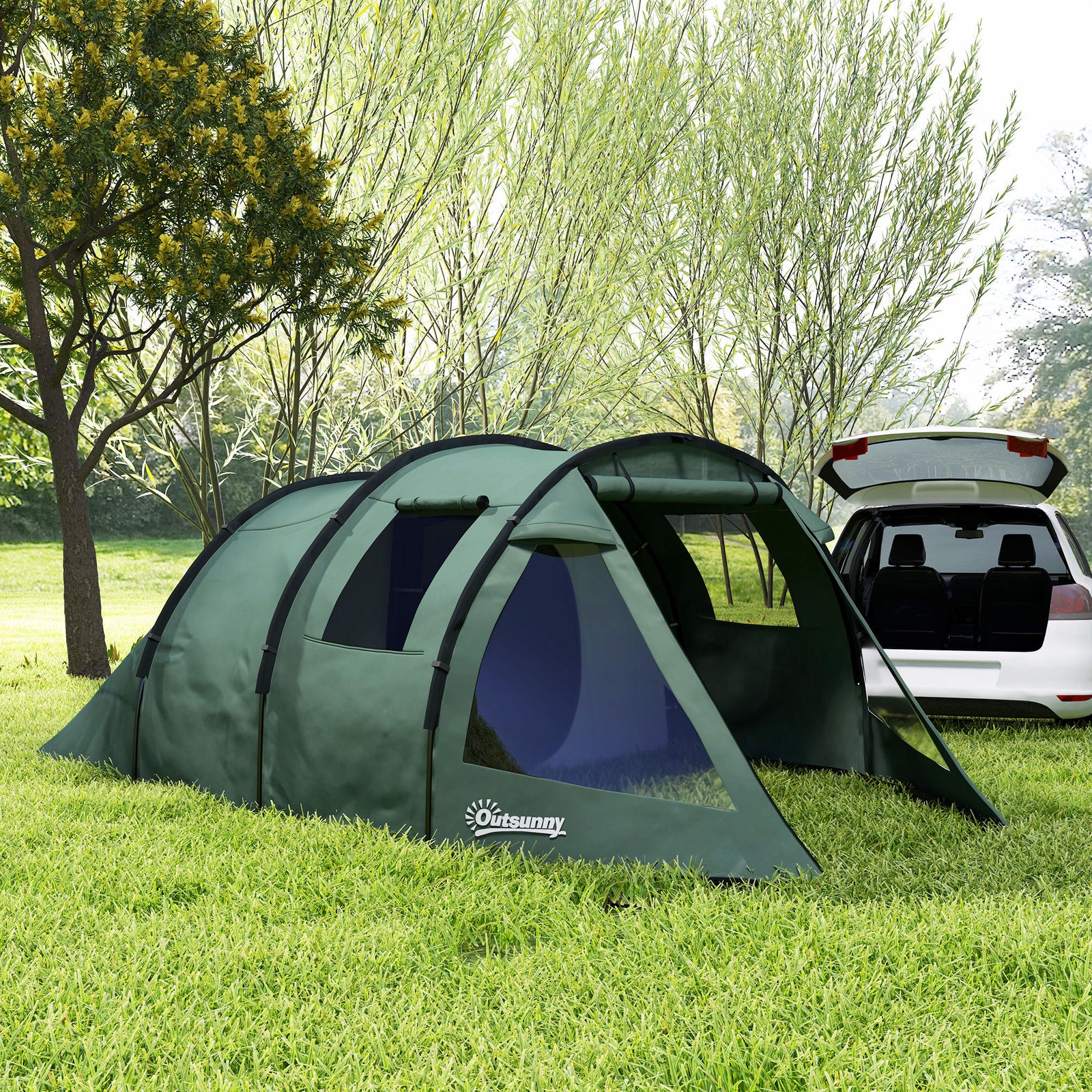 3-4 Persons Tunnel Tent, Two Room Camping Tent W/ Windows | Green
