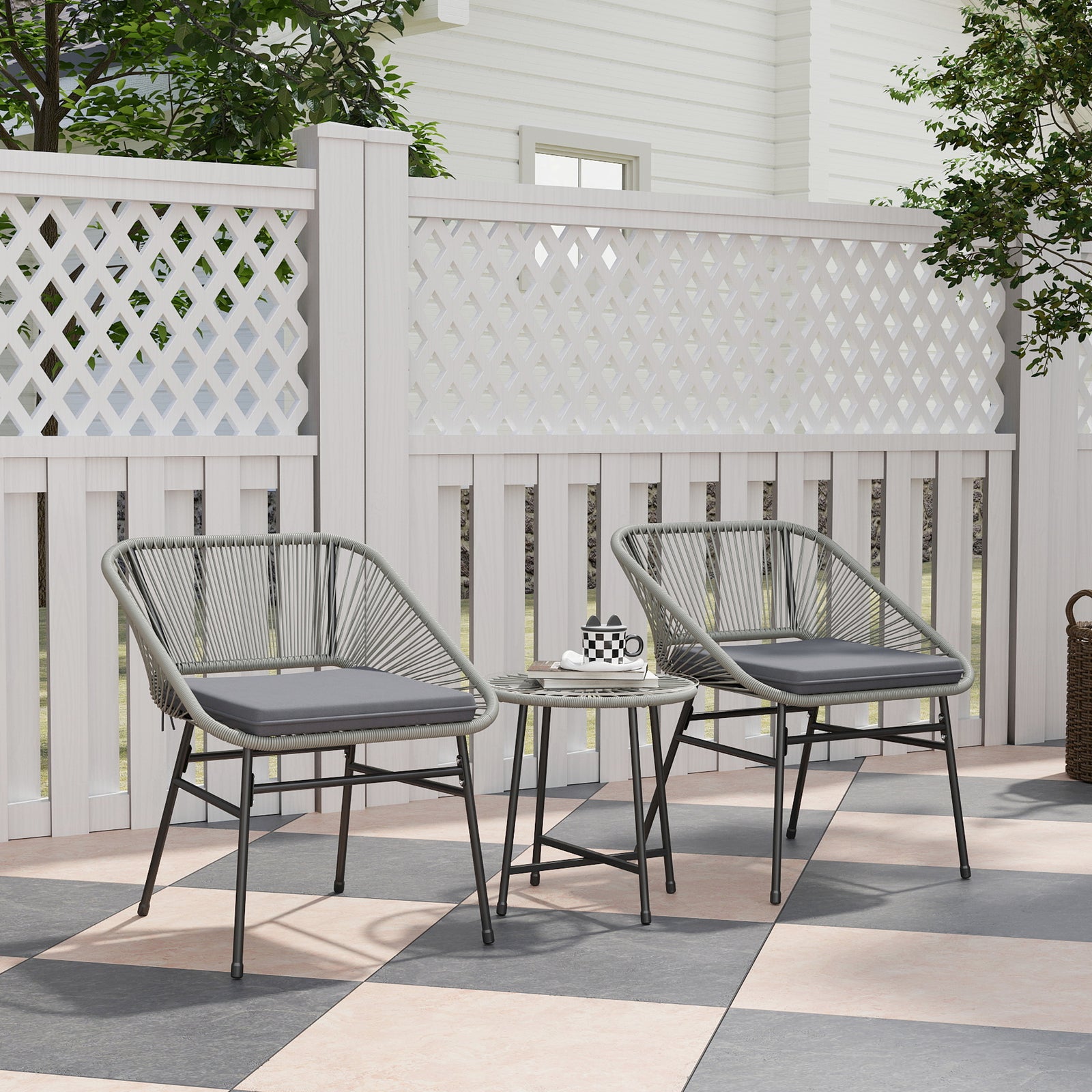 Rattan Bistro Set, Small Balcony Furniture With Cushion | Light Grey