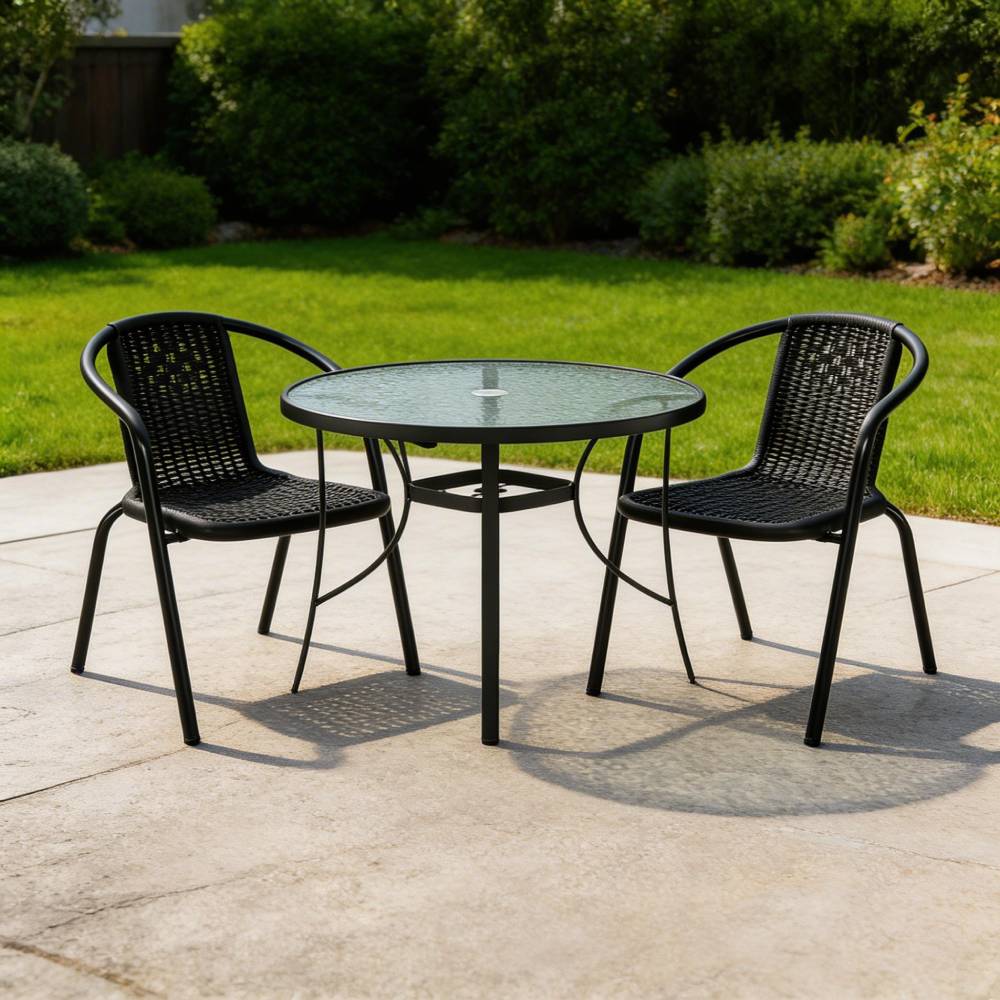 3 Pcs Bistro Set Glass Top Coffee Table And Rattan Chairs