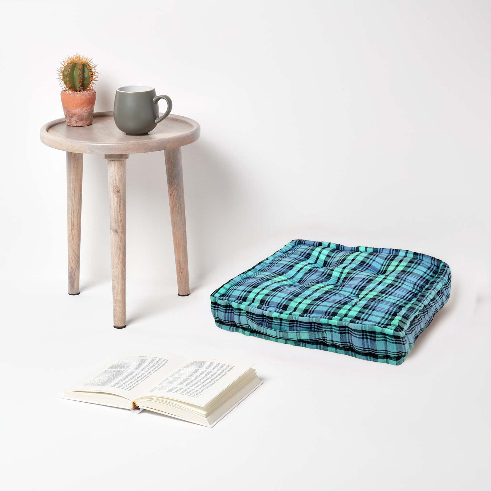 Cotton Tartan Check Floor Cushion | 40cm x 40cm | Blackwatch
