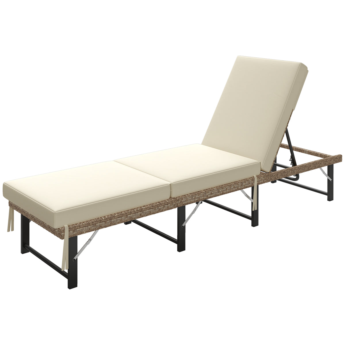 Folding Rattan Sun Lounger With Adjustable Back, Cushion | Natural