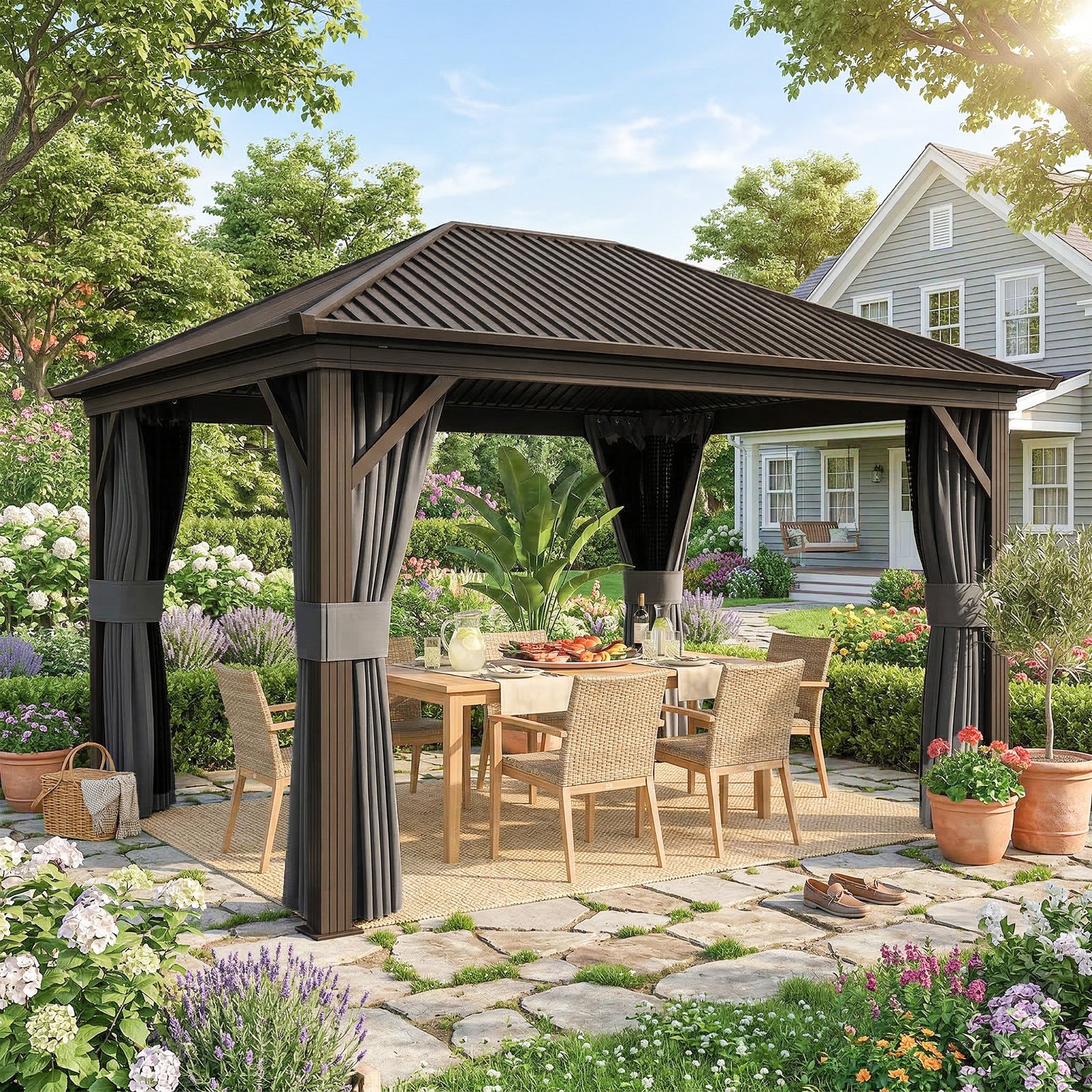 3.6 X 3(m) Metal Garden Hardtop Gazebo With Screened Curtain | Dark Grey