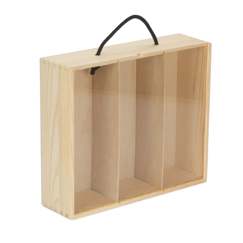 3 Bottle Bottle Pinewood Carry Case With Acrylic Lid | One Size | Brown